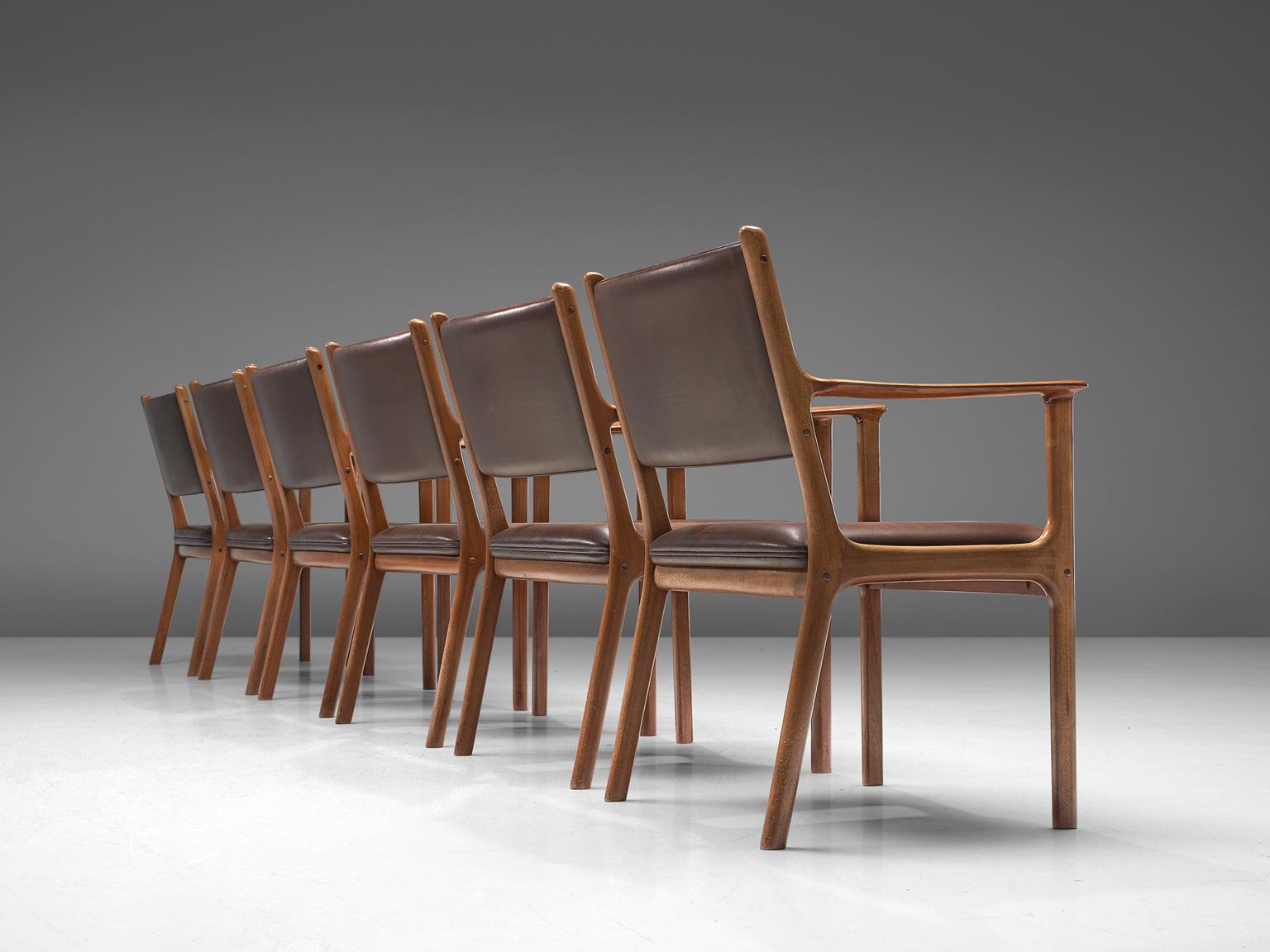 Scandinavian Modern Ole Wanscher Set of Six 'PJ412' Armchairs in Teak and Brown Leather