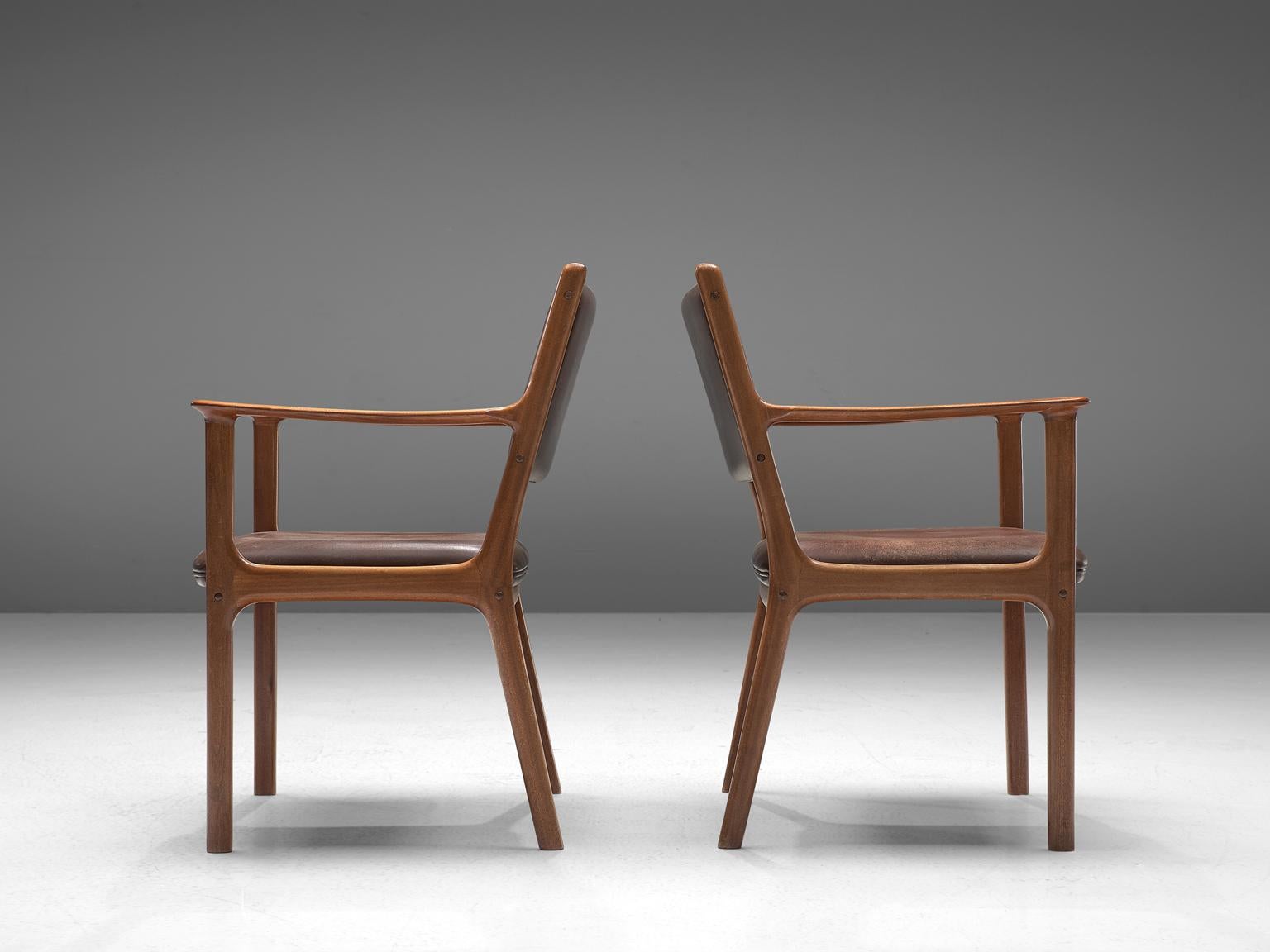 Danish Ole Wanscher Set of Six 'PJ412' Armchairs in Teak and Brown Leather