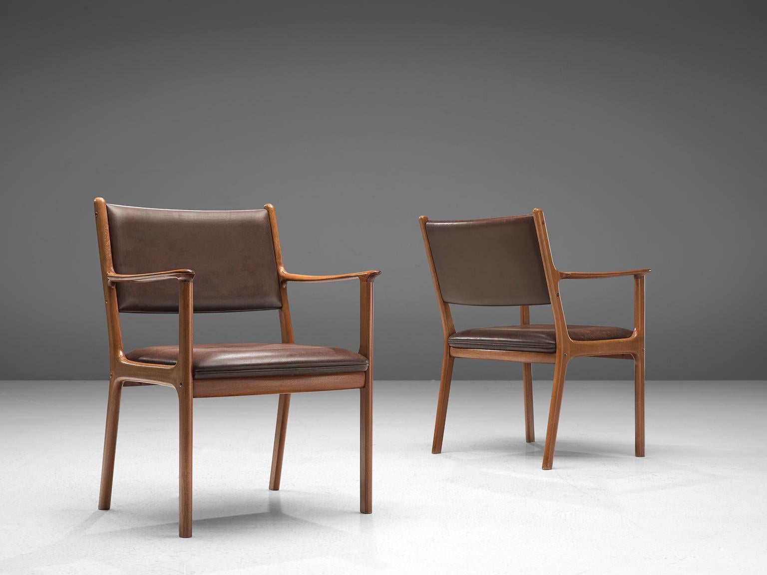 Ole Wanscher Set of Six 'PJ412' Armchairs in Teak and Brown Leather In Good Condition In Waalwijk, NL