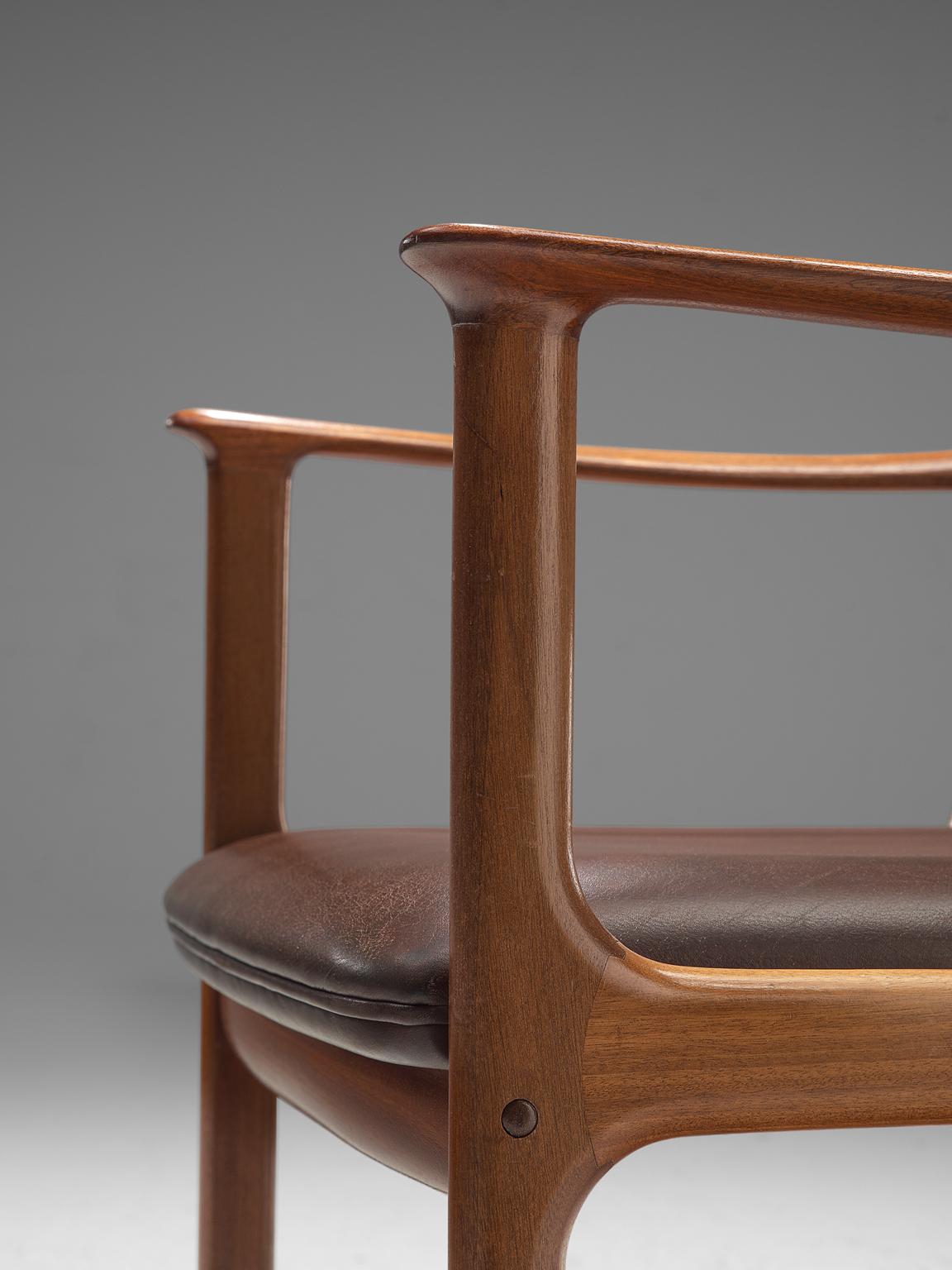 Mid-20th Century Ole Wanscher Set of Six 'PJ412' Armchairs in Teak and Brown Leather