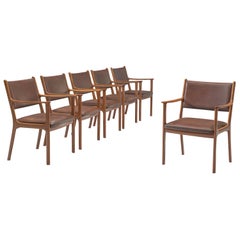 Ole Wanscher Set of Six 'PJ412' Armchairs in Teak and Brown Leather