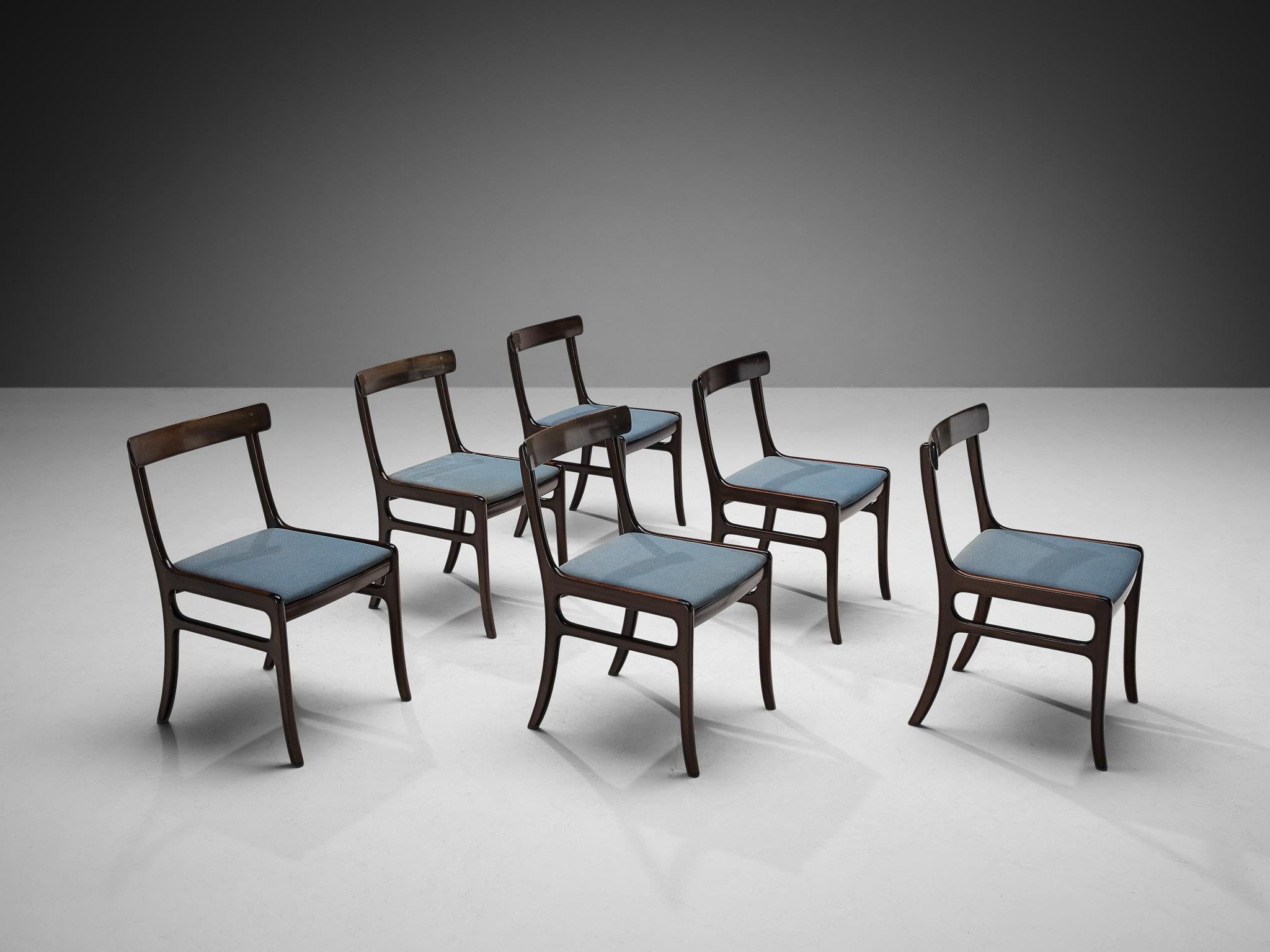 Ole Wanscher for P. Jeppesen, set of six dining chairs, model 'Rungstedlund' PJ 34, St. Heddinge, mahogany, blue upholstery, Denmark, 1960s.

These classic dining chairs are designed by the Danish designer Ole Wanscher and feature a slightly