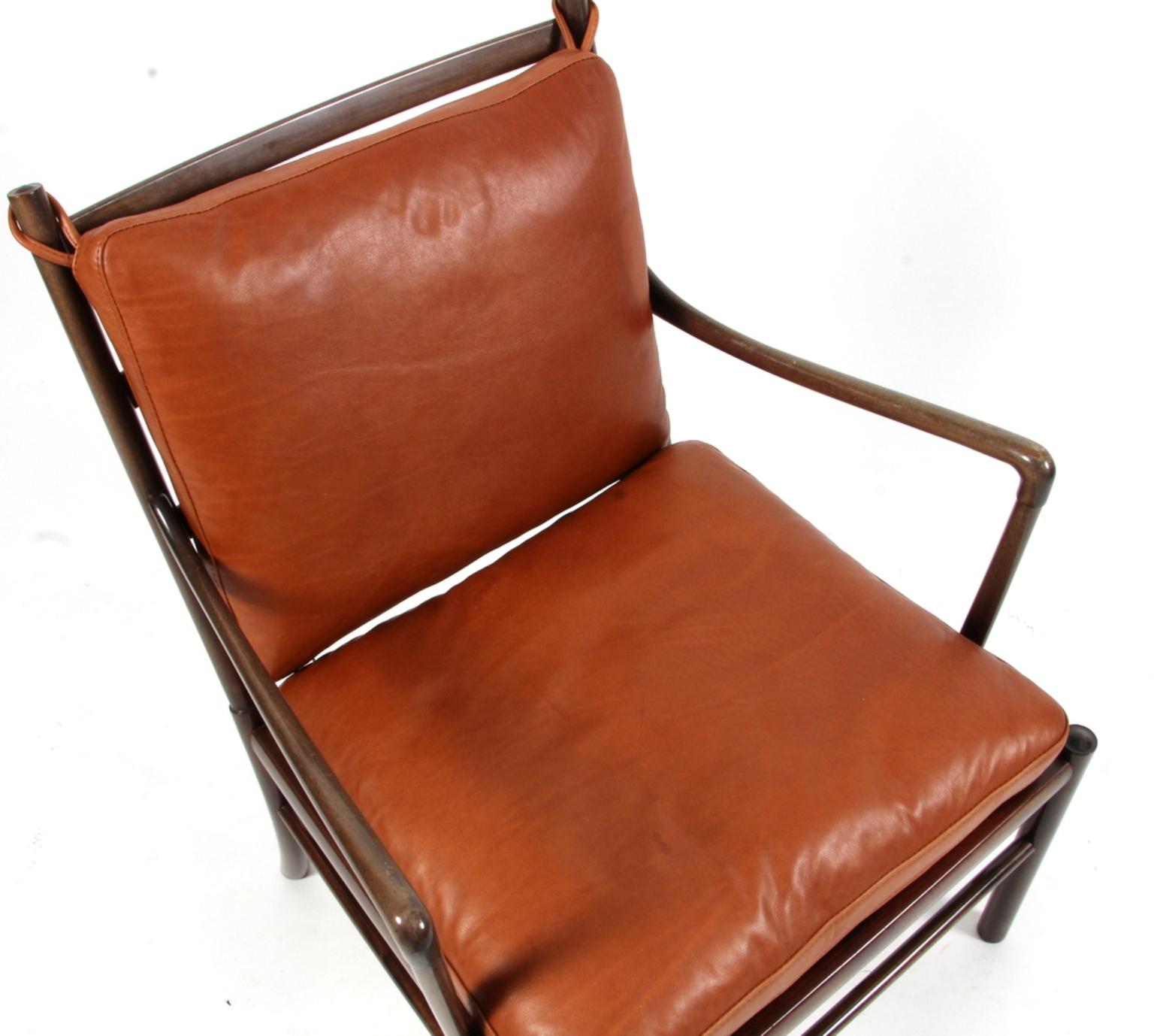 Ole Wanscher lounge chair new upholstered with cognac aniline leather.

Made in mahogany. 

Model PJ 149 colonial chair, made by Poul Jeppesen.