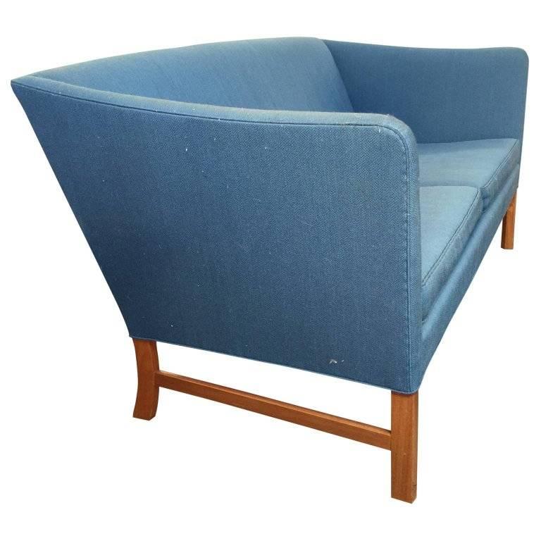 Mid-Century Modern Ole Wanscher Sofa in Blue Linen Upholstery