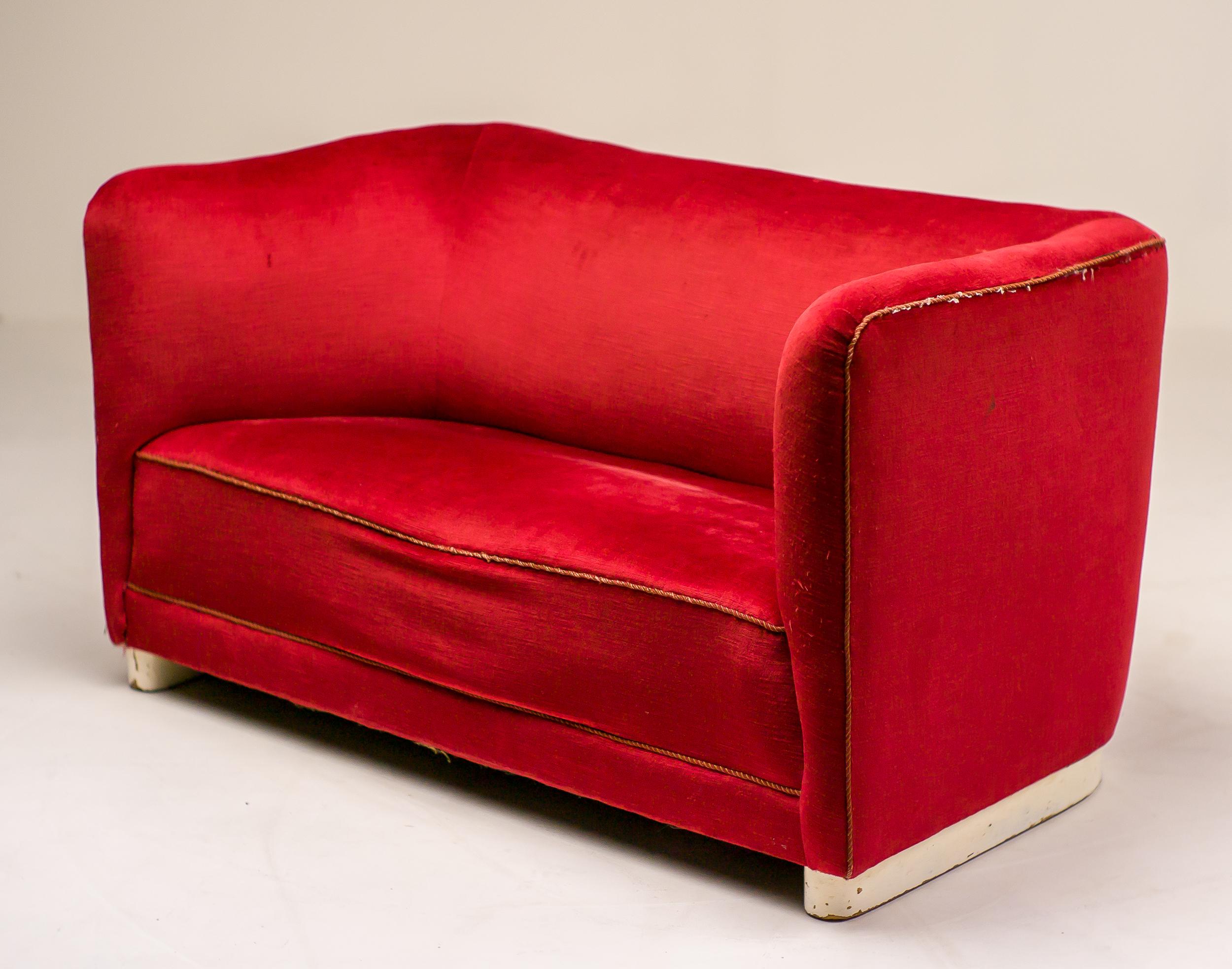 vintage red velvet couch