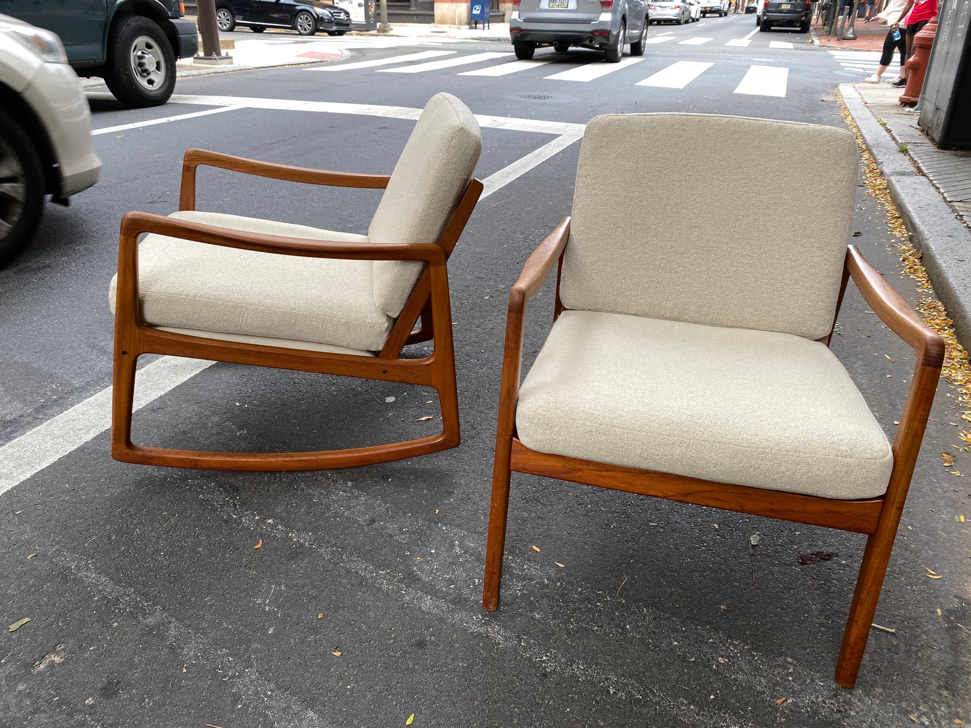 Ole Wanscher teak chair and rocker/ sold as a pair. Solid teak construction, very solid and comfy! Both have the same measurements so they look great used as a pair. Newly upholstered cushions!