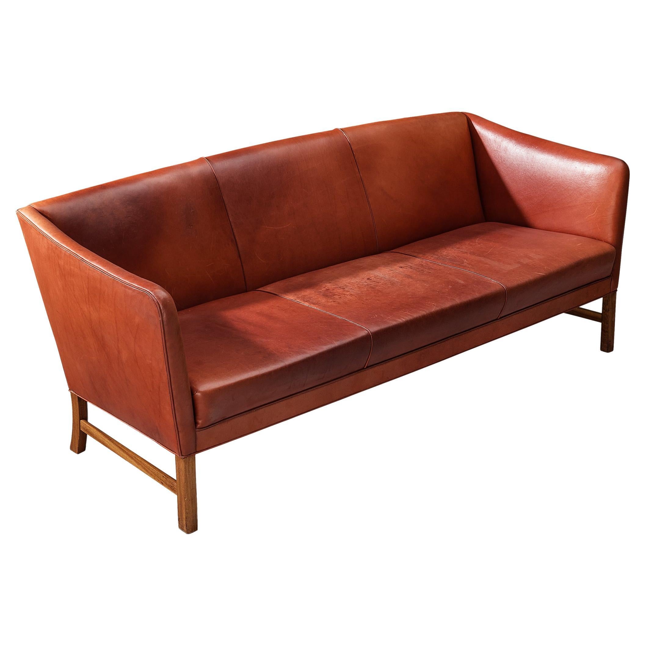 Ole Wanscher for A.J. Iverseren Sofa in Red Leather and Teak For Sale