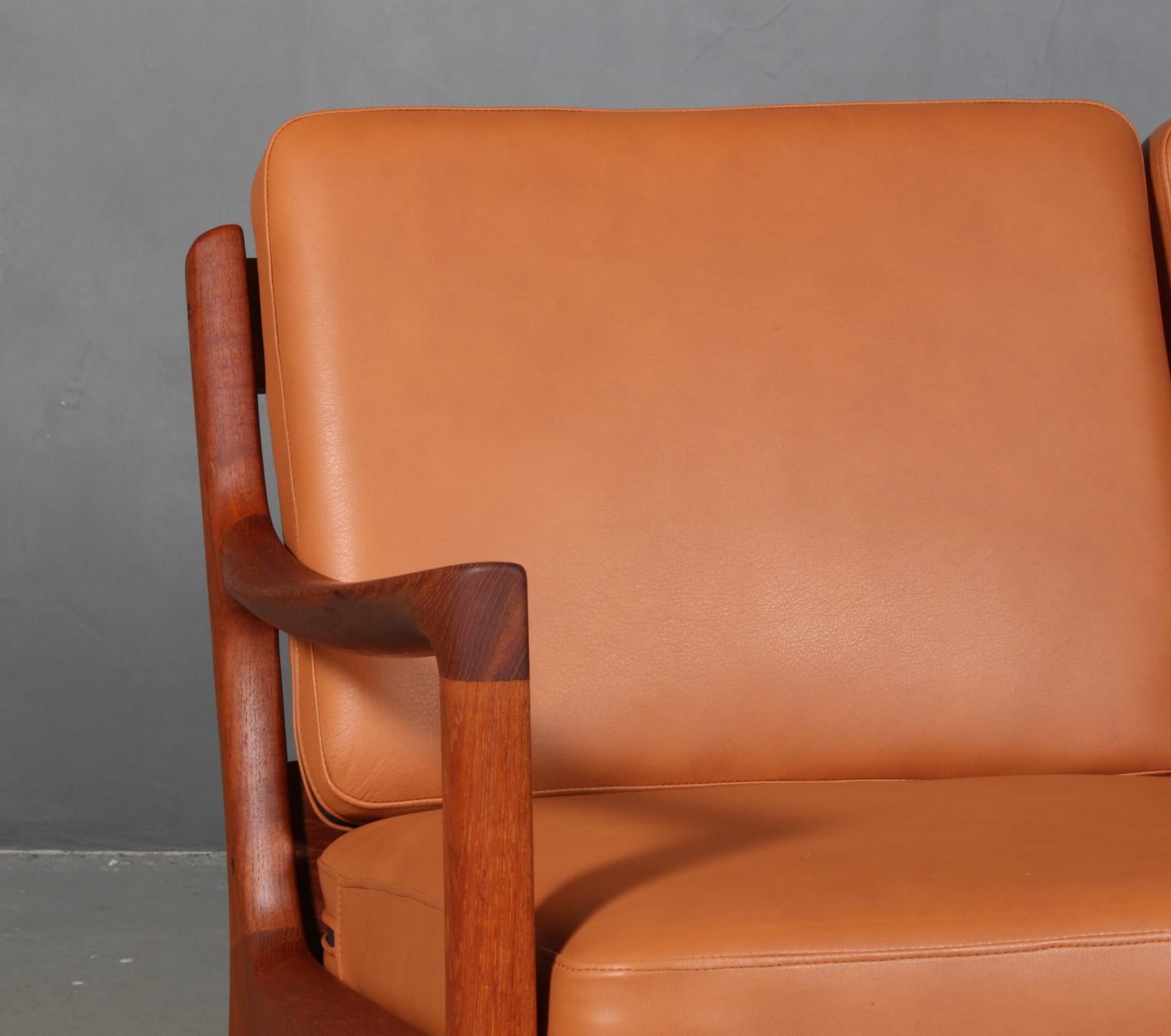 Scandinavian Modern Ole Wanscher Three-Seater Sofa, Model Senator, Teak, and Cognac Aniline Leather