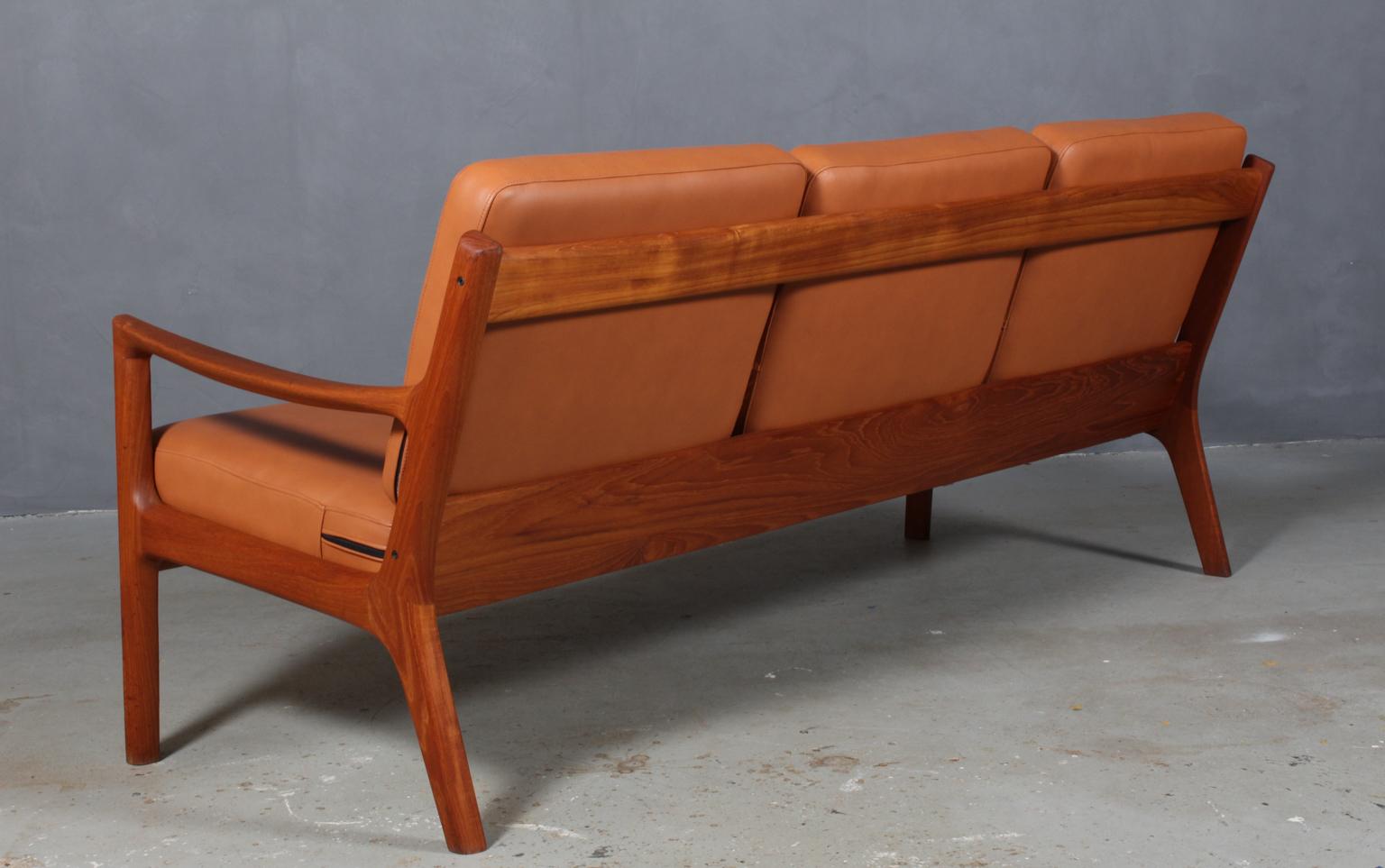 Danish Ole Wanscher Three-Seater Sofa, Model Senator, Teak, and Cognac Aniline Leather