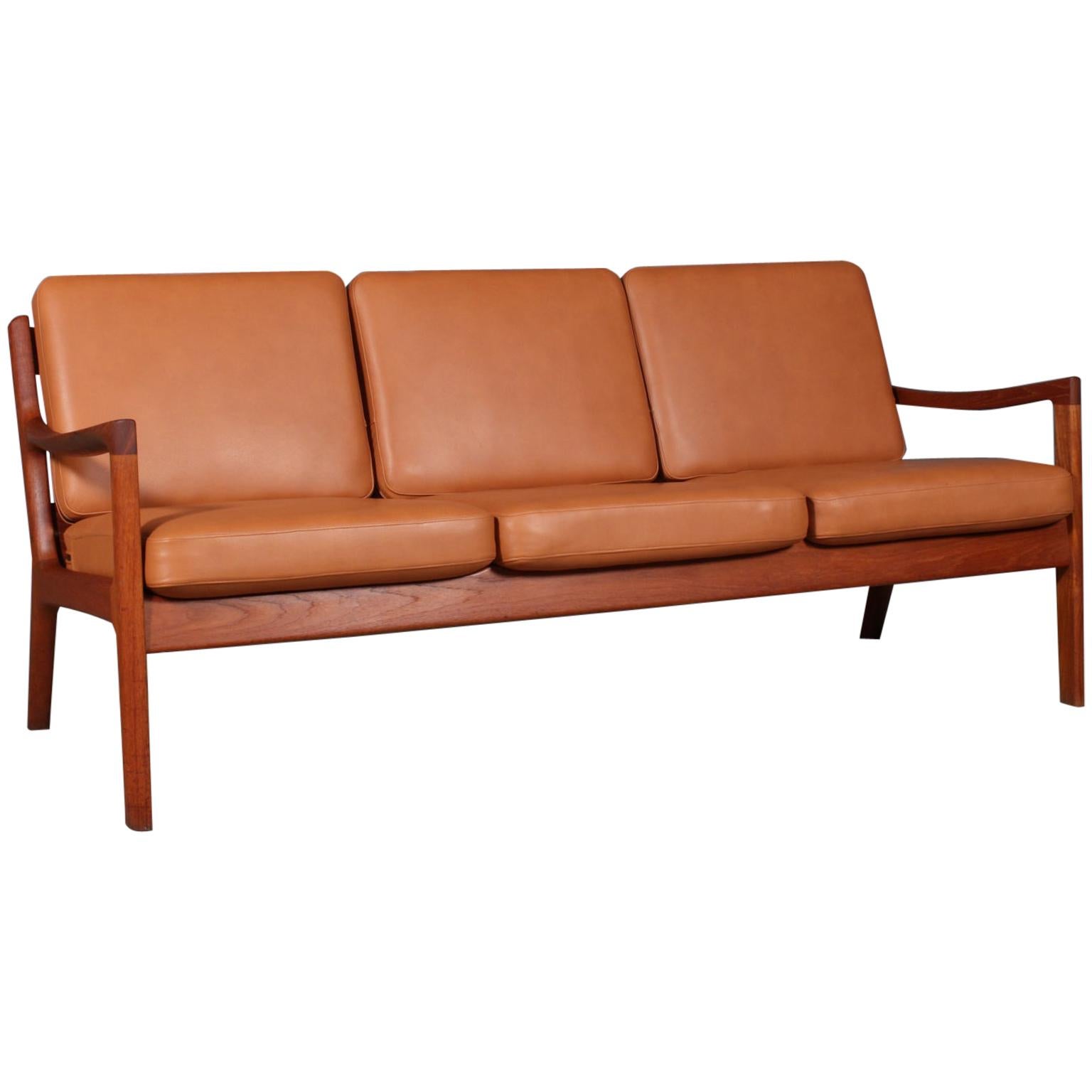Ole Wanscher Three-Seater Sofa, Model Senator, Teak, and Cognac Aniline Leather