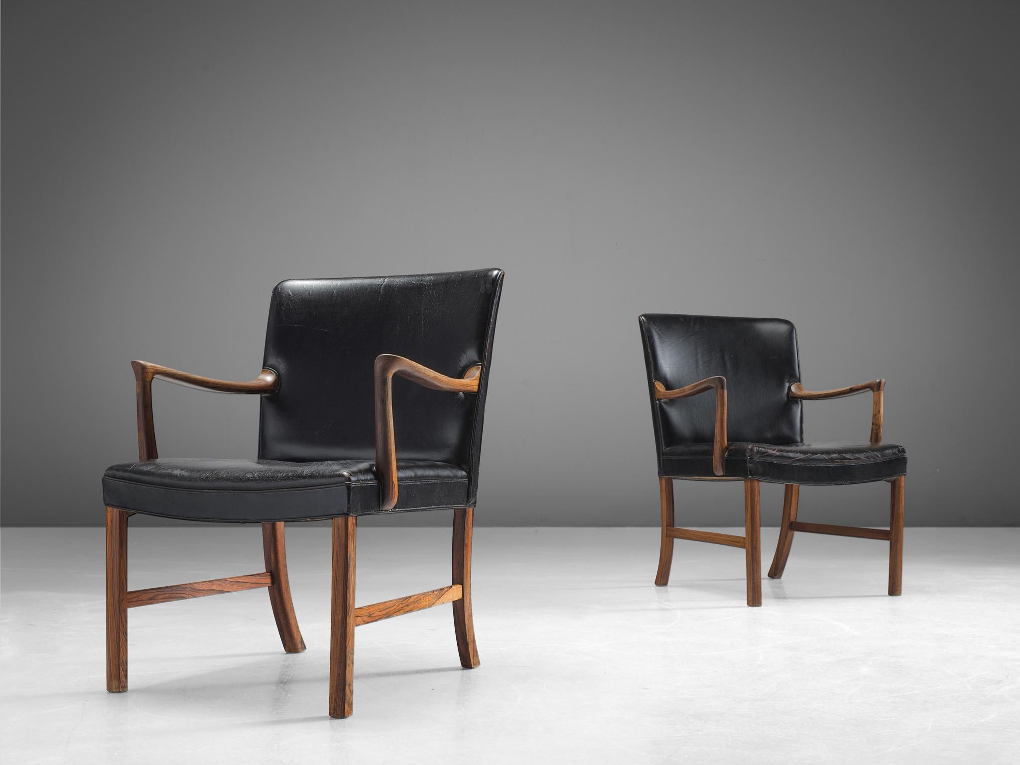 Scandinavian Modern Ole Wanscher Two Armchairs in Black Leather