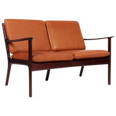 Ole Wanscher Two-Seat Sofa in Cognac Aniline Leather, Model PJ112, Mahogany