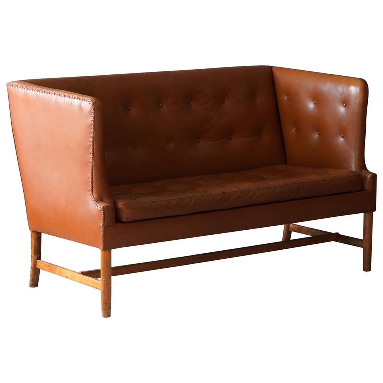 Ole Wanscher, Two-Seat Sofa, Leather, Wood, for A.J. Iversen, Denmark, 1950s For Sale