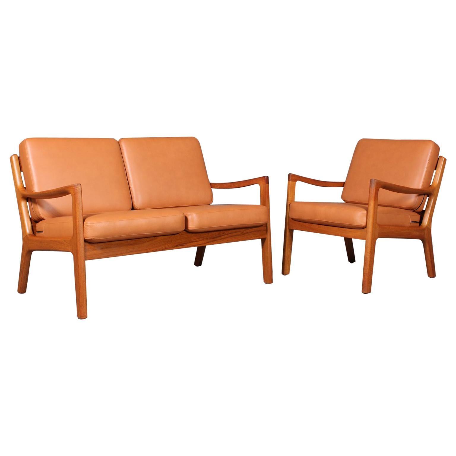 Ole Wanscher Two-Seat Sofa and Lounge Chair, Model Senator, Teak & Leather