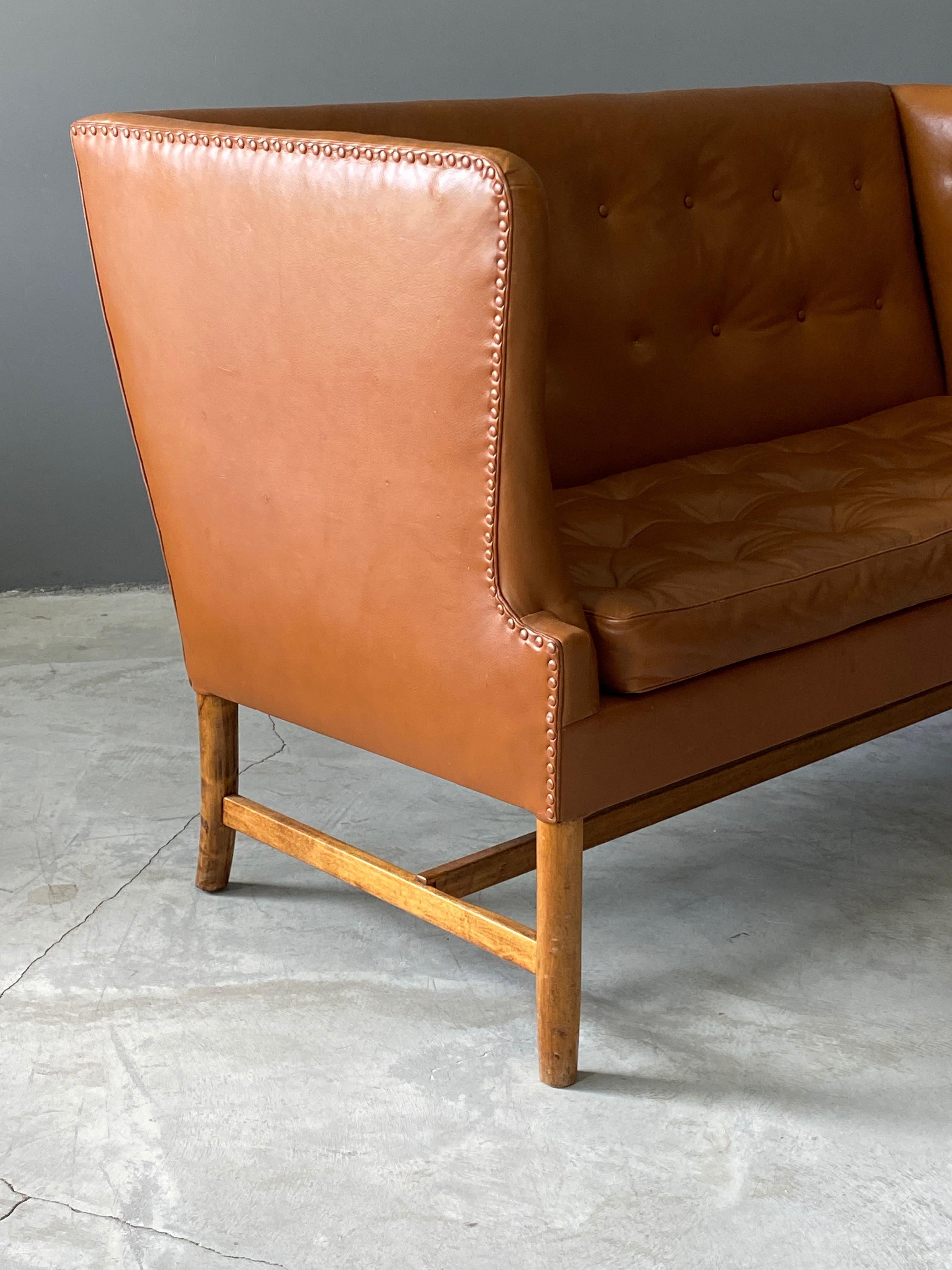 Scandinavian Modern Ole Wanscher, Two-Seat Sofa, Leather, Wood, for A.J. Iversen, Denmark, 1950s