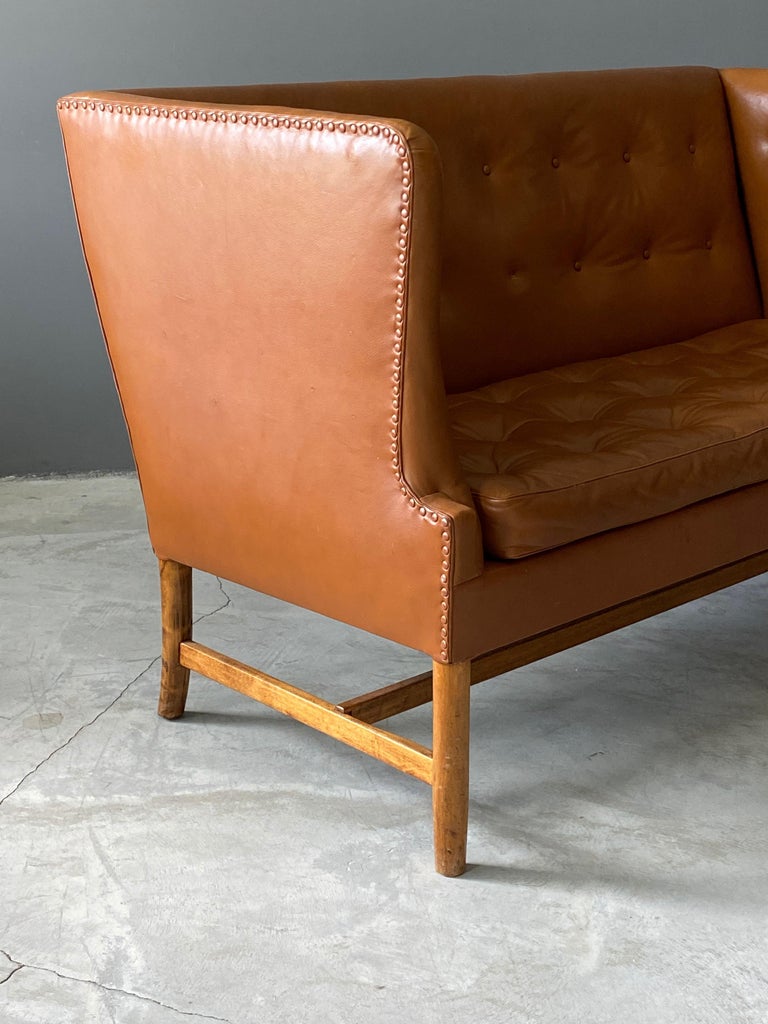 Scandinavian Modern Ole Wanscher, Two-Seat Sofa, Leather, Wood, for A.J. Iversen, Denmark, 1950s For Sale