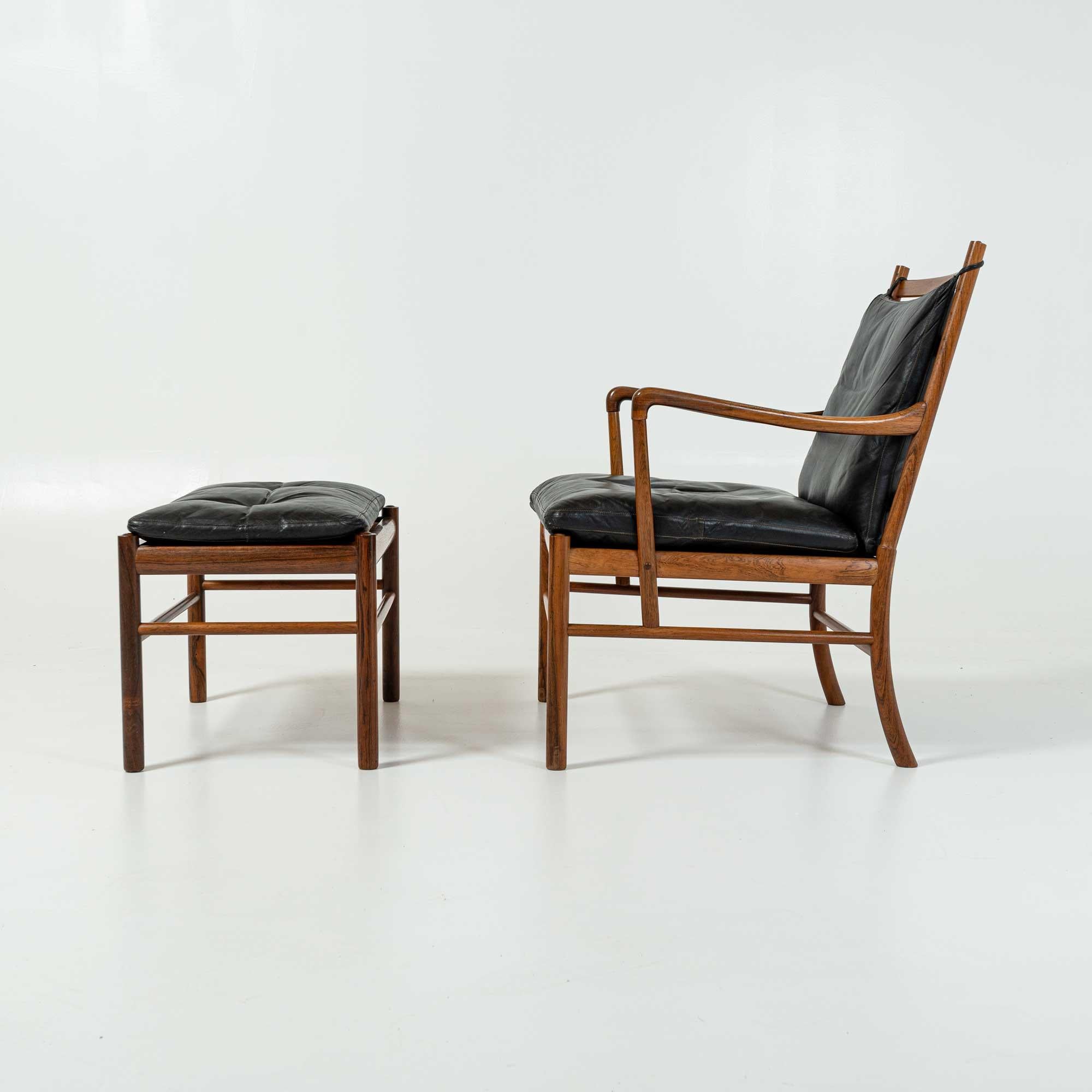 This is a rare and in exceptional condition Ole Wanscher's Colonial Chair and Ottoman in Rosewood, with original black leather cushions as well as a new set of new Maharam Sorghum brown cushions. Poul Jeppesen in Denmark c1950s and distributed by