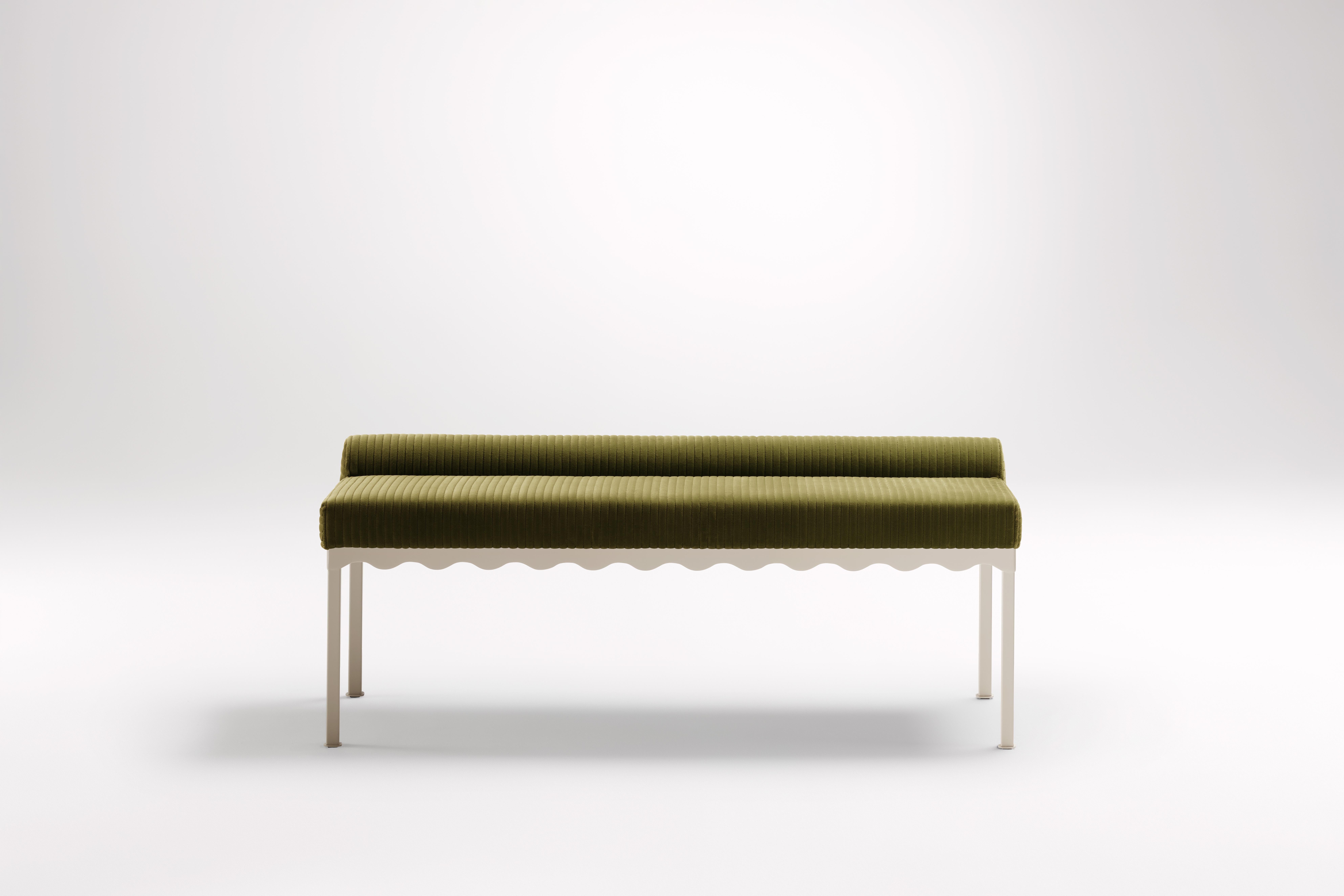 Oleander Bellini 1340 Bench by Coco Flip
Dimensions: D 134 x W 54 x H 52.5 cm
Materials: Timber / Upholstered tops, Powder-coated steel frame. 
Weight: 20 kg
Frame Finishes: Textura Paperbark.

Coco Flip is a Melbourne based furniture and lighting