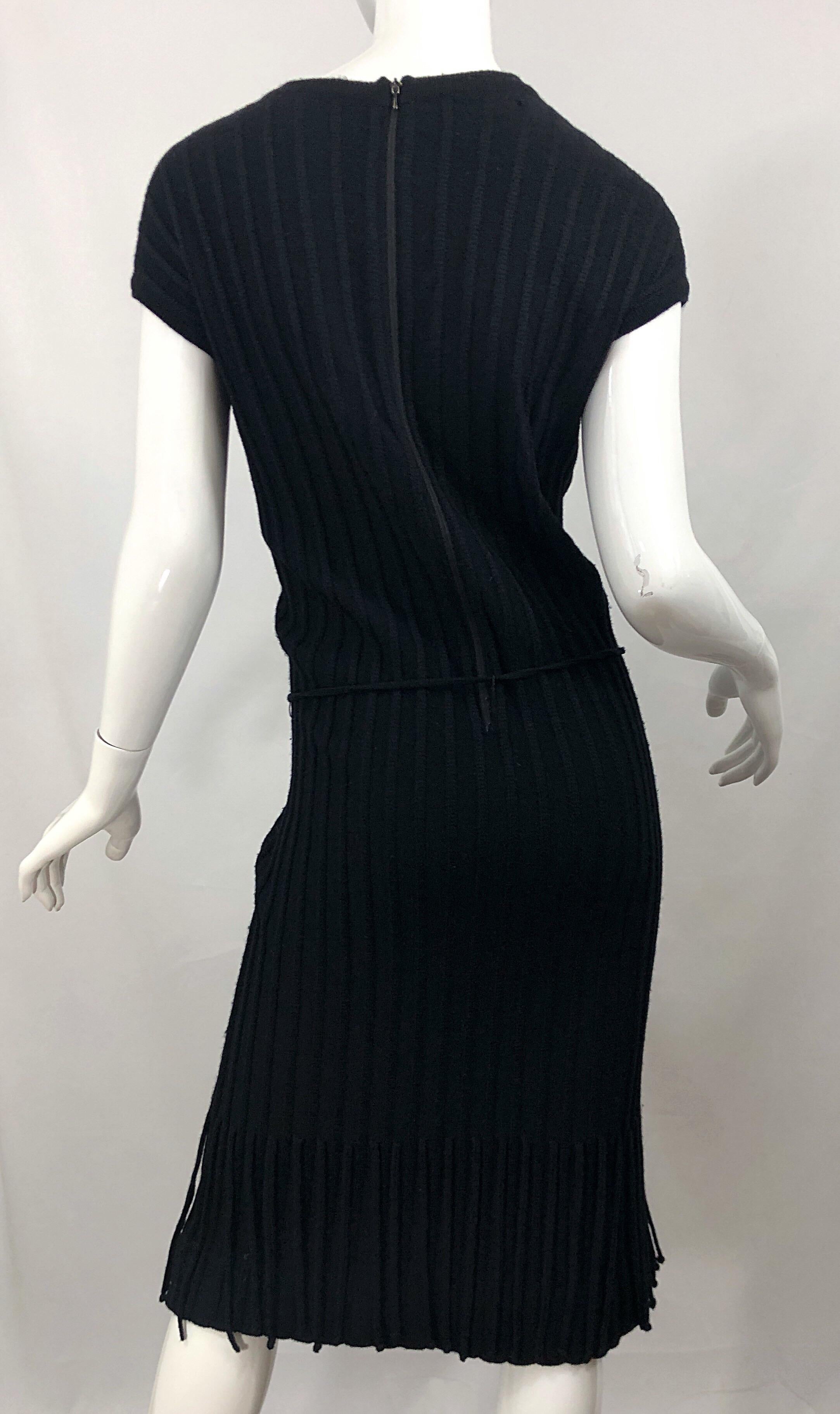 Oleg Cassini 1960s Large Size Black Carwash Hem Flapper Style Vintage Wool Dress For Sale 4