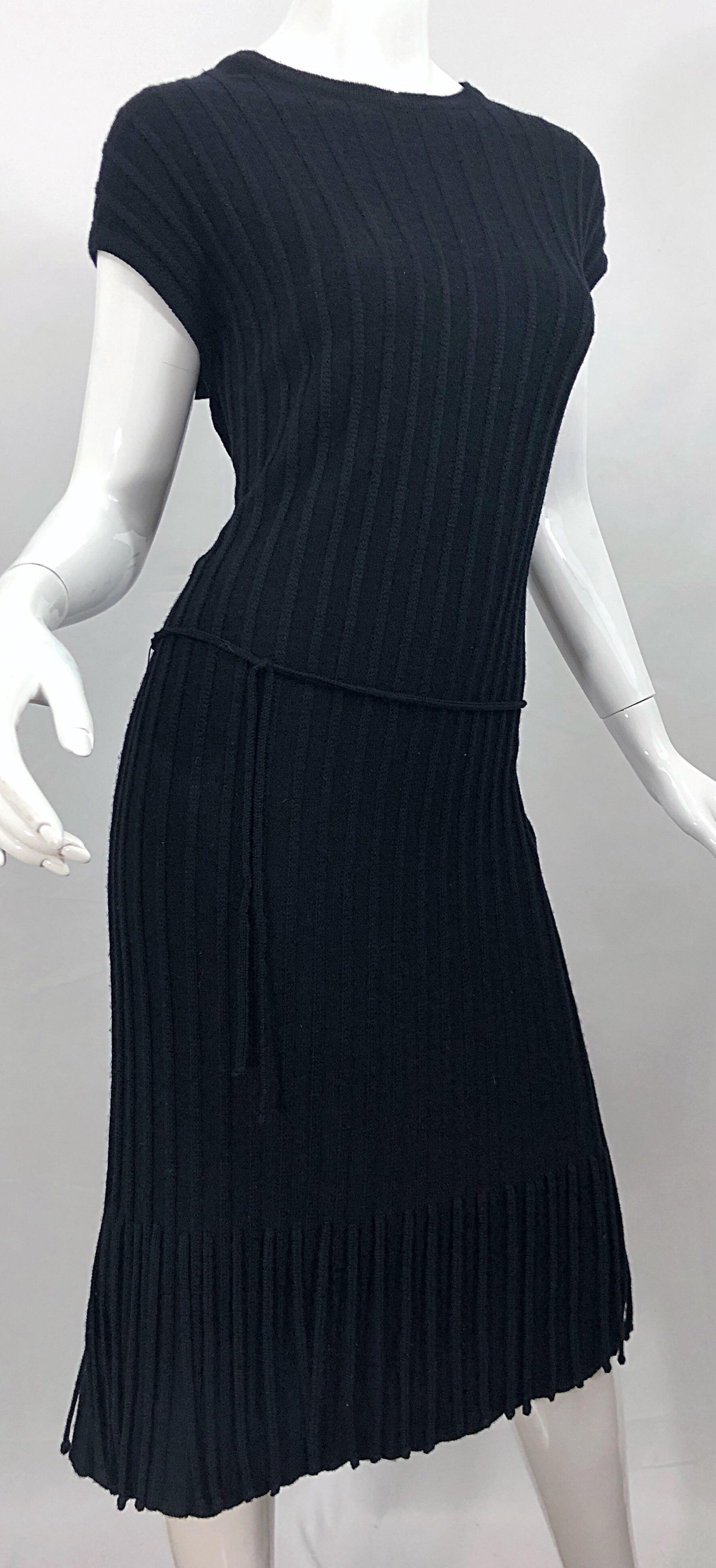 Oleg Cassini 1960s Large Size Black Carwash Hem Flapper Style Vintage Wool Dress For Sale 5