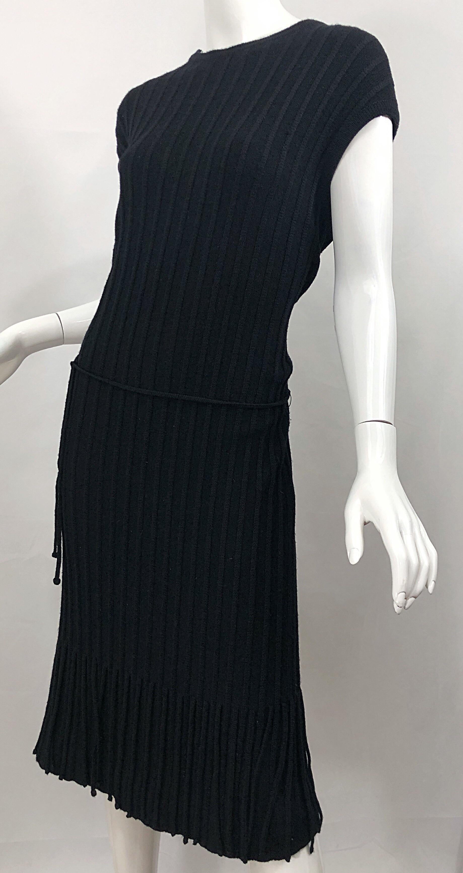 Oleg Cassini 1960s Large Size Black Carwash Hem Flapper Style Vintage Wool Dress For Sale 2