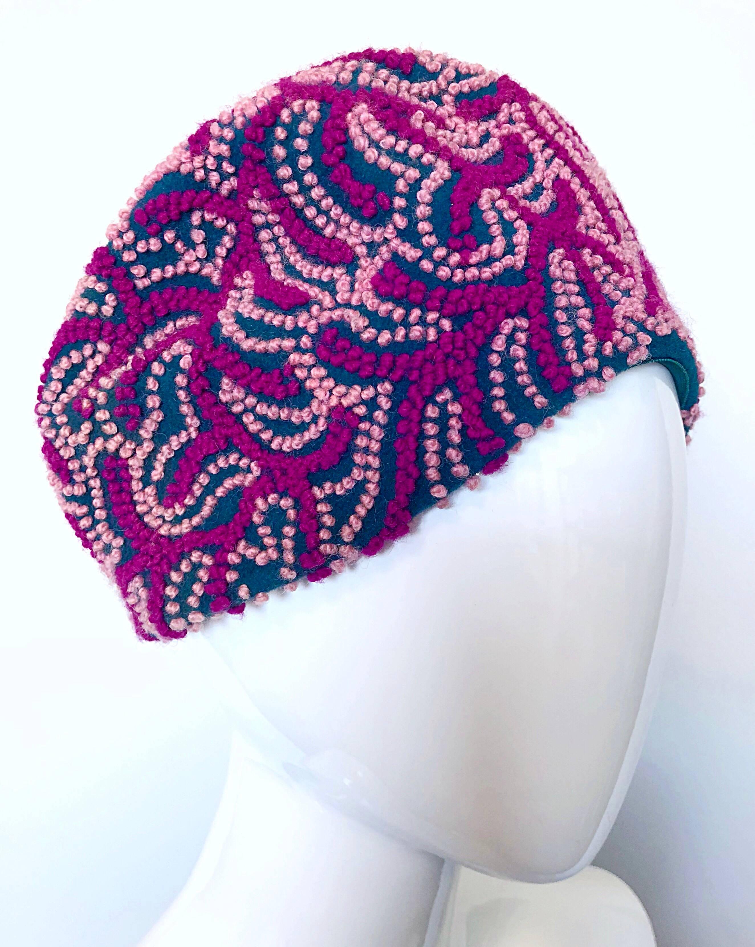 Purple Oleg Cassini 1960s Pink + Fuchsia + Navy Blue Wool 60s Mod Vintage Cloche Hat