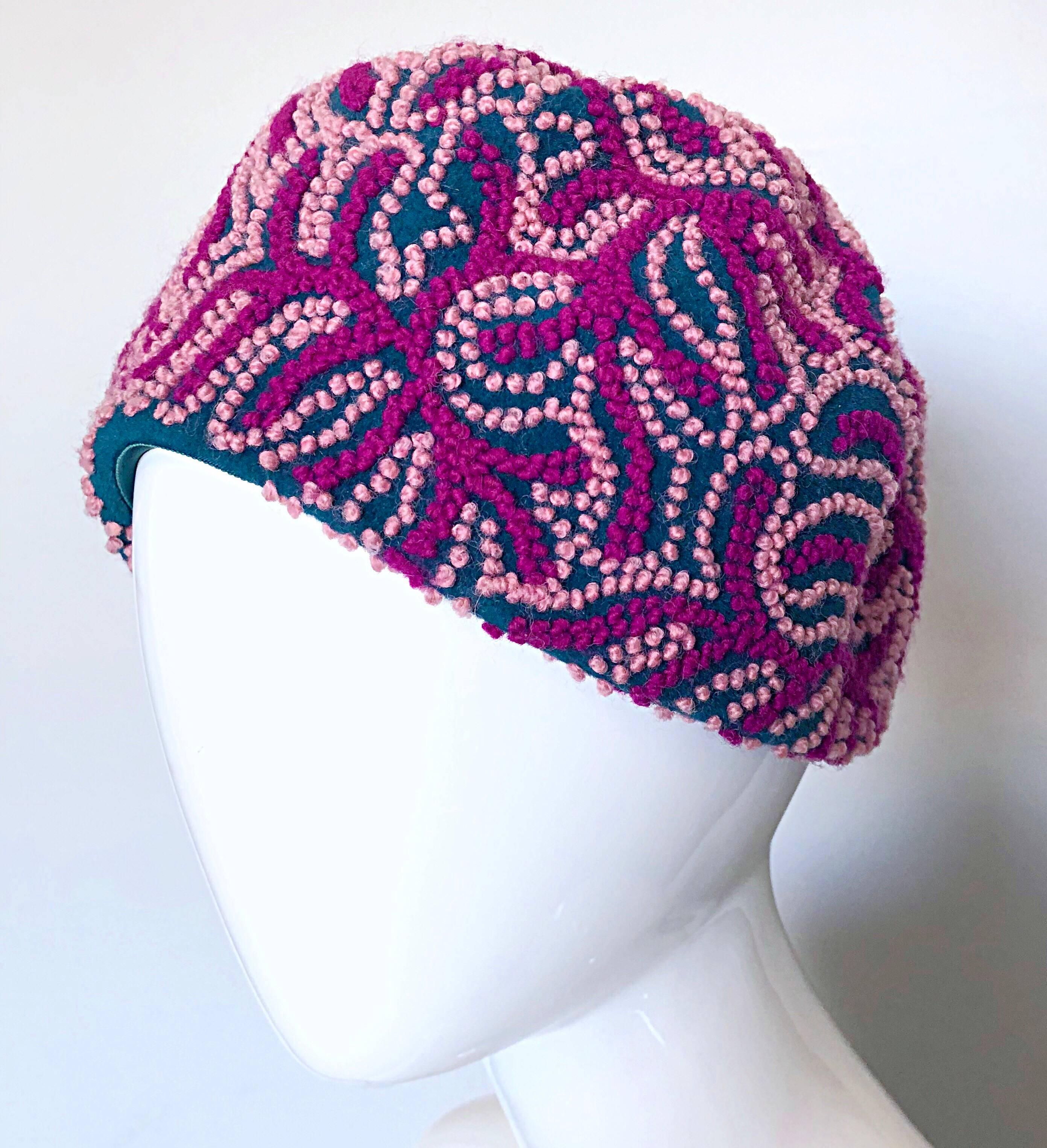 Oleg Cassini 1960s Pink + Fuchsia + Navy Blue Wool 60s Mod Vintage Cloche Hat 3