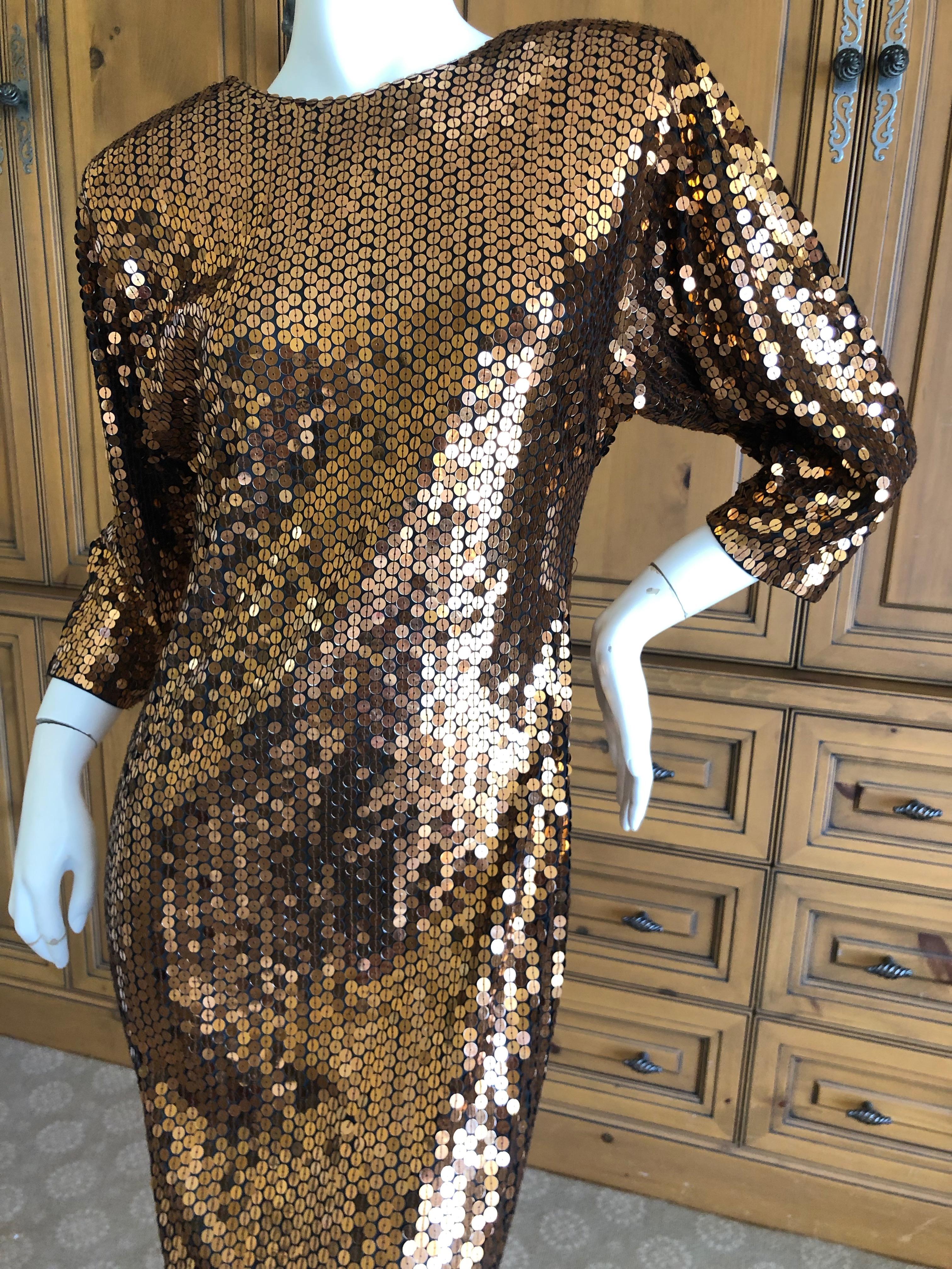 Black Oleg Cassini 1970's Bronze Sequin Disco Era Dress with Low Cut Back For Sale