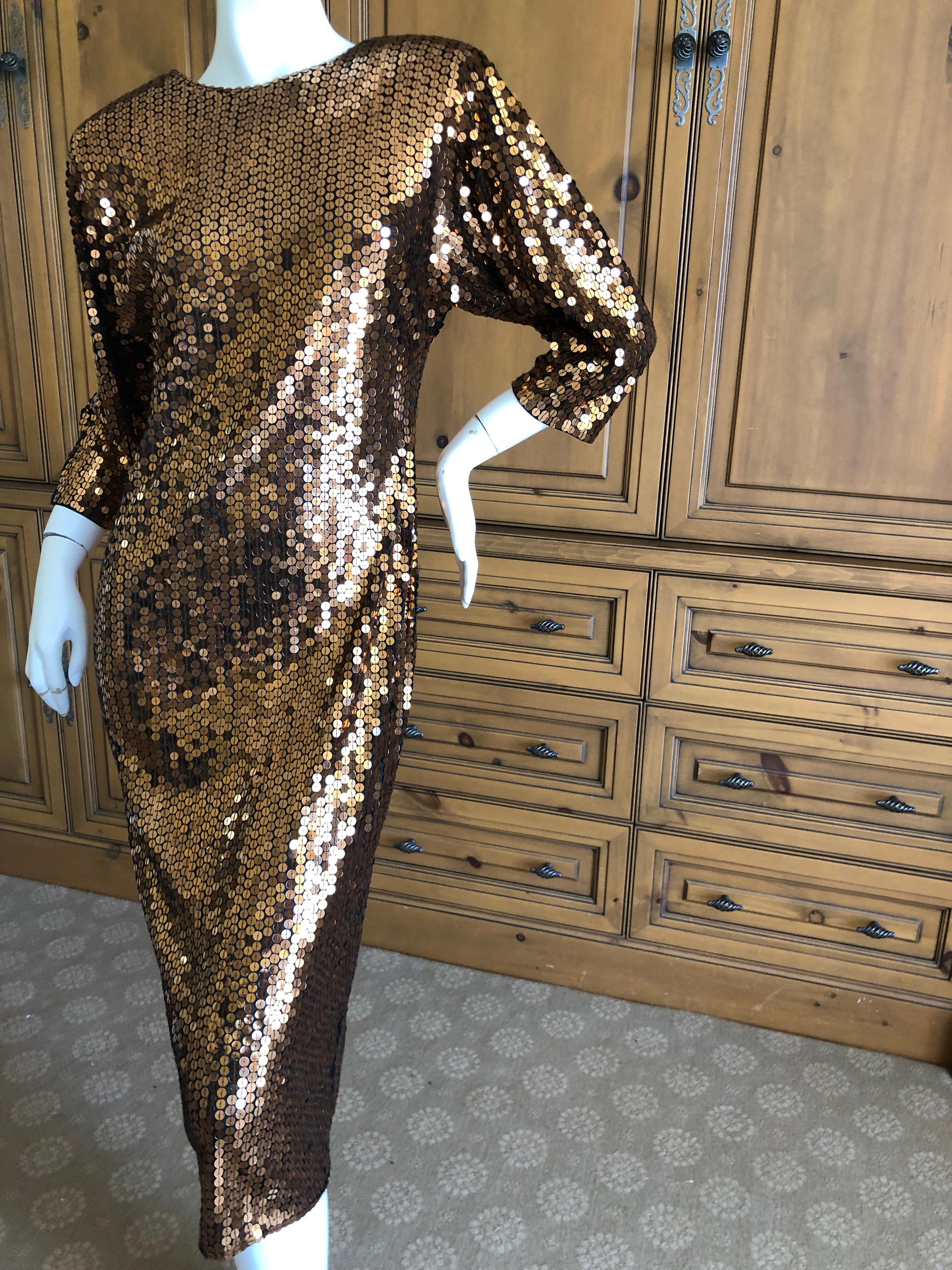 Oleg Cassini 1970's Bronze Sequin Disco Era Dress with Low Cut Back In Excellent Condition For Sale In Cloverdale, CA