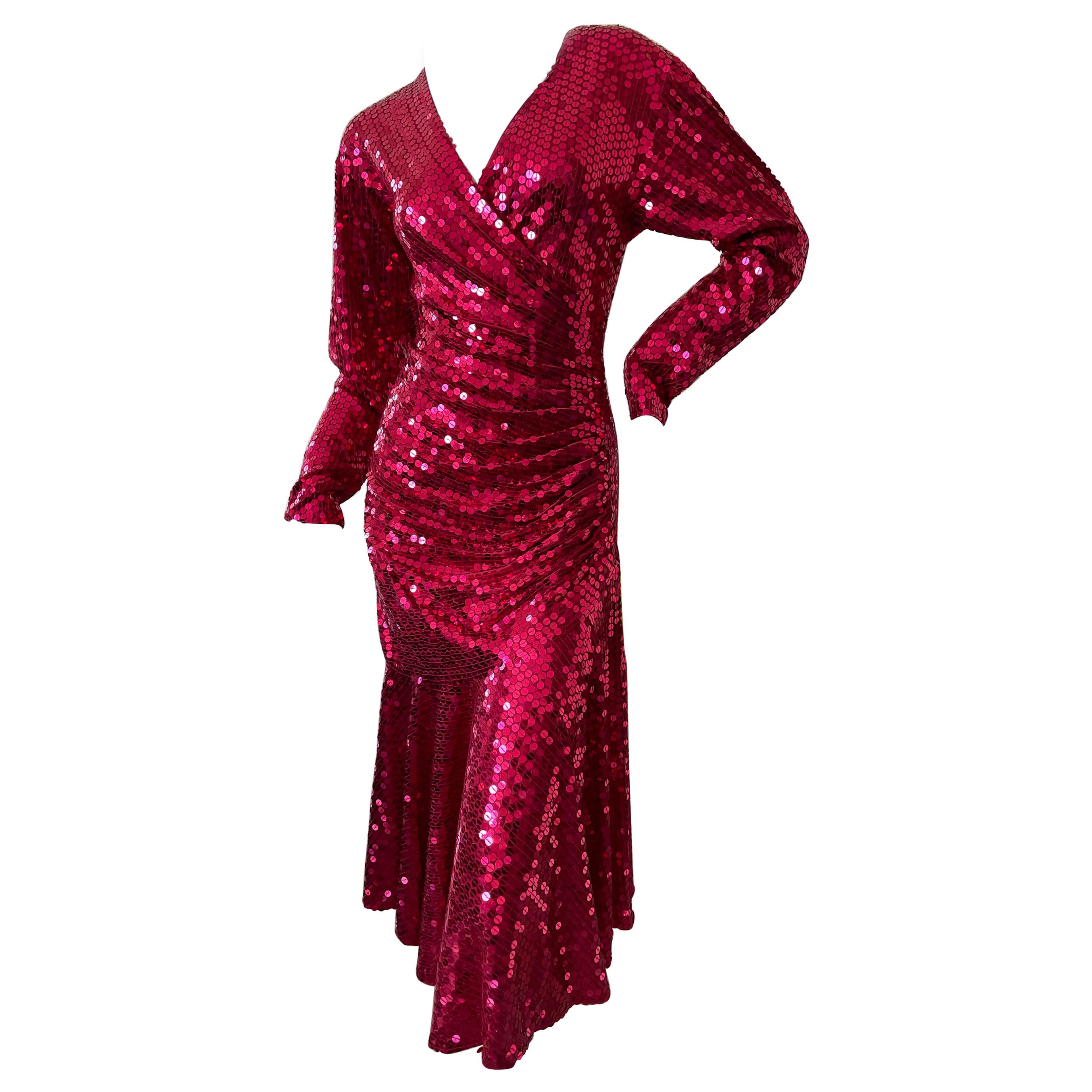 Oleg Cassini 1970's Red Sequin Disco Era Dress  For Sale