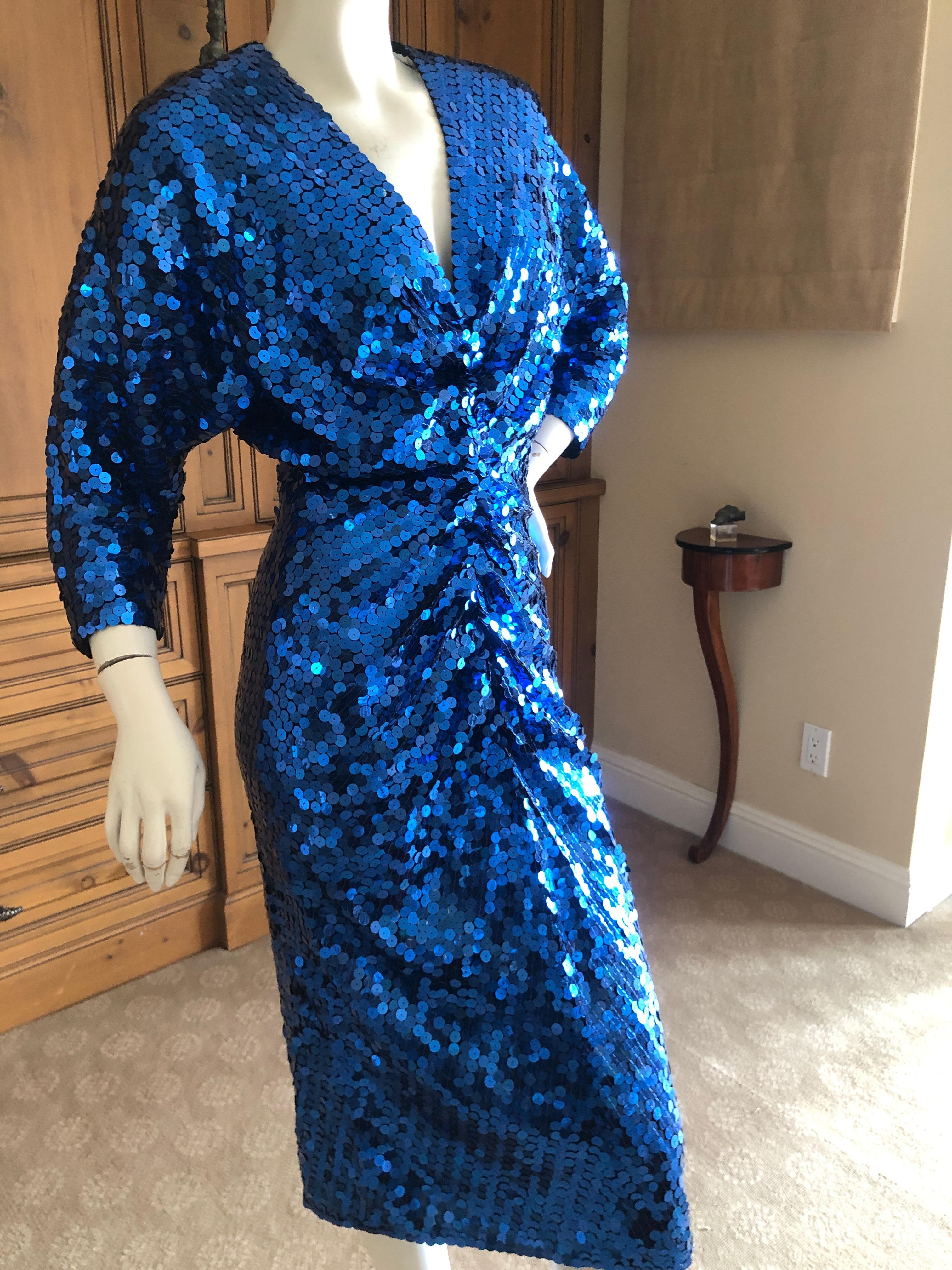 Blue Oleg Cassini 1970's Sequin Disco Era Dress Sz 8 Deadstock New with Tags For Sale