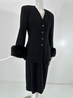 Oleg Cassini 1990s Black 100% Wool Skirt Suit with Fox Fur Cuffs 8