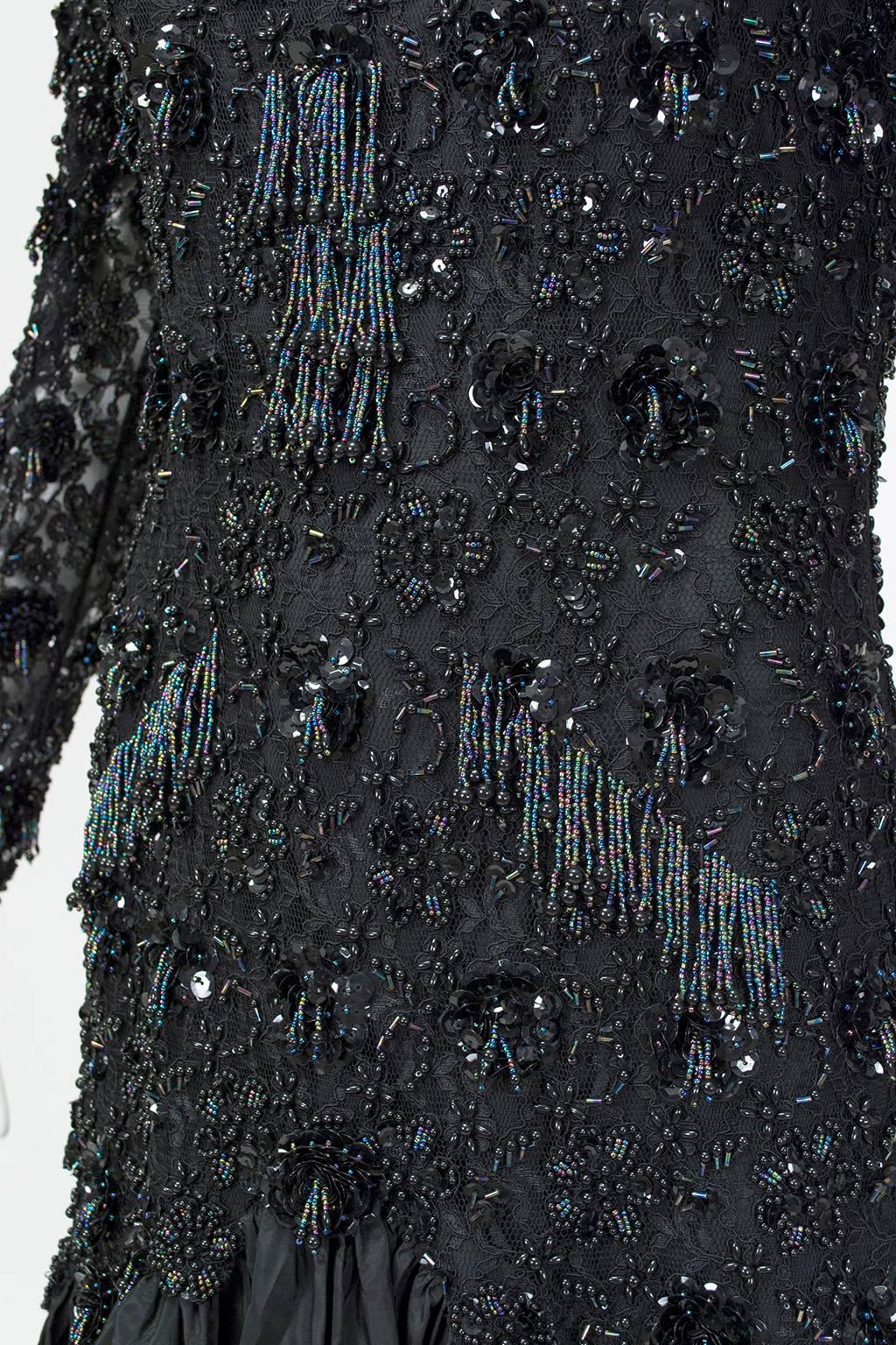 Oleg Cassini Glam Black Beaded Illusion Power Gown with Trumpet Skirt - S, 1980s For Sale 6