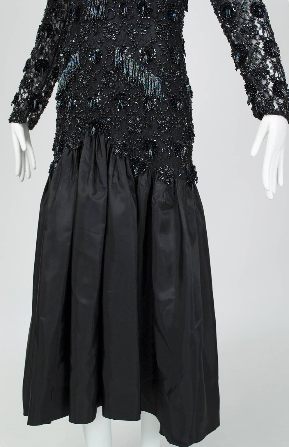 Women's Oleg Cassini Glam Black Beaded Illusion Power Gown with Trumpet Skirt - S, 1980s For Sale