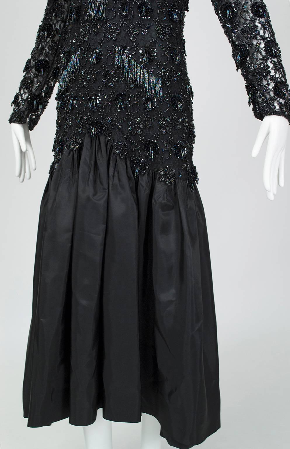 Oleg Cassini Glam Black Beaded Illusion Power Gown with Trumpet Skirt - S, 1980s For Sale 1