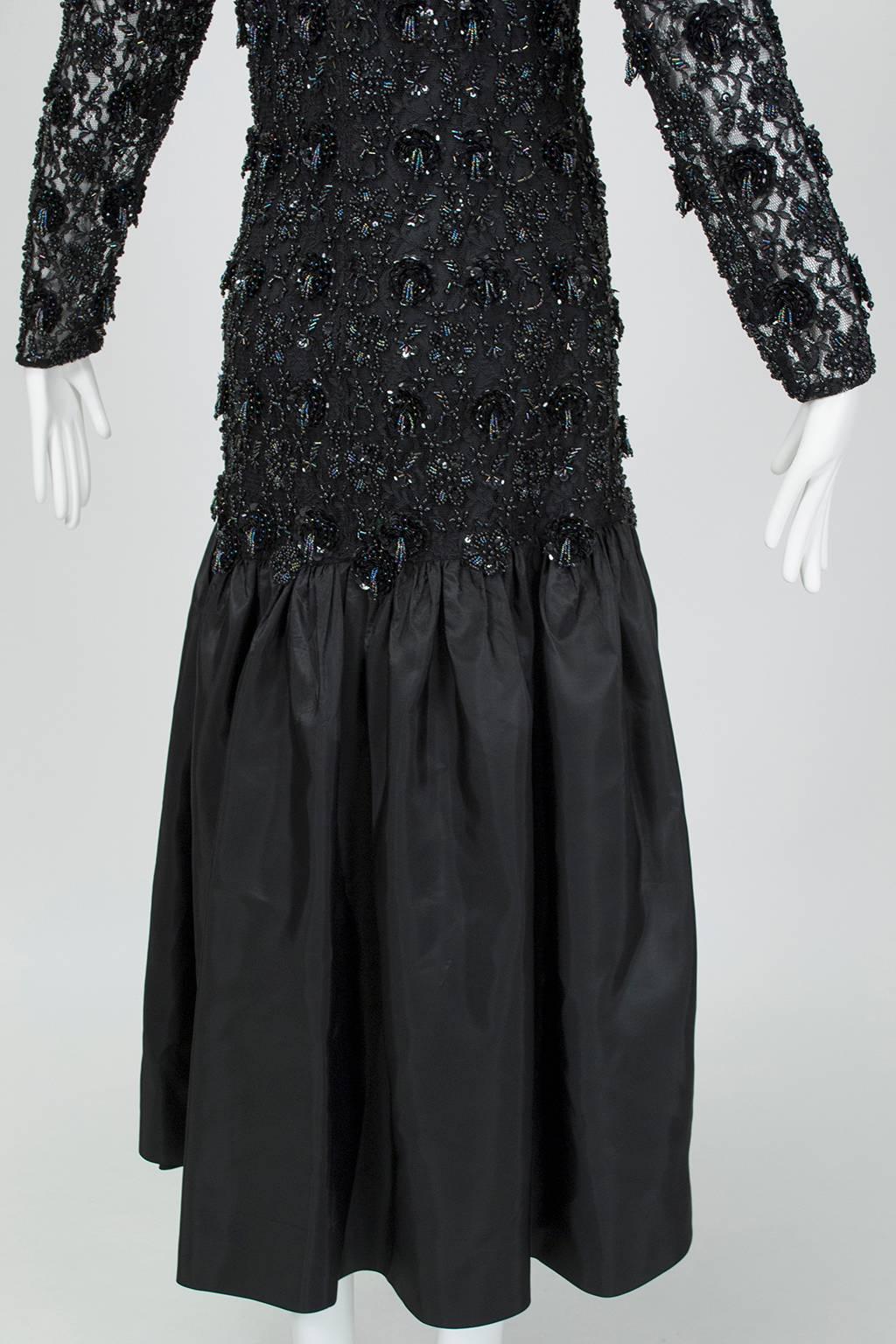 Oleg Cassini Glam Black Beaded Illusion Power Gown with Trumpet Skirt - S, 1980s For Sale 1