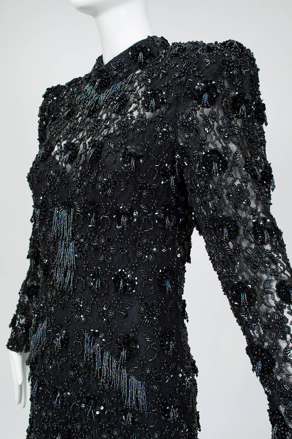 Oleg Cassini Glam Black Beaded Illusion Power Gown with Trumpet Skirt - S, 1980s For Sale 2