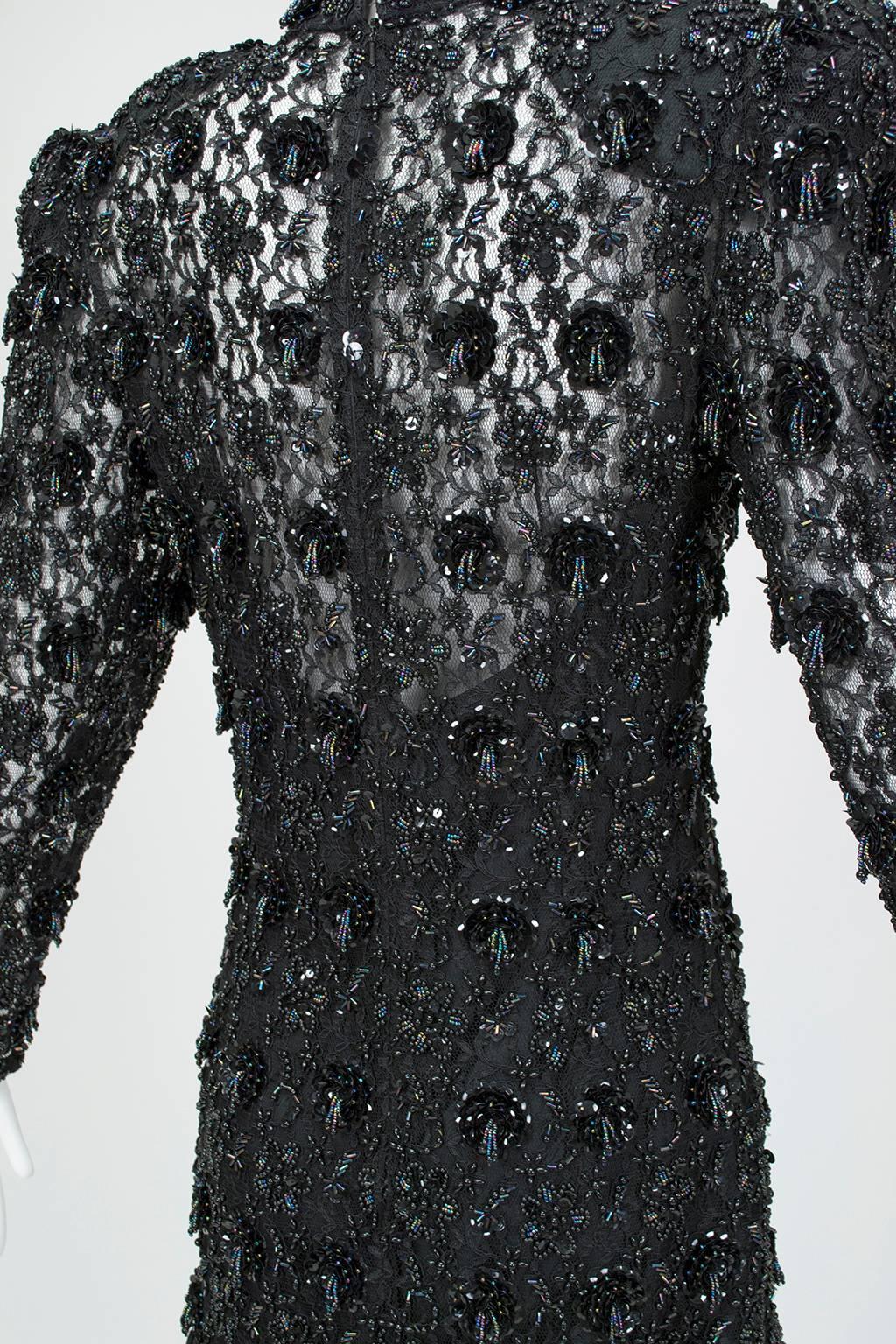 Oleg Cassini Glam Black Beaded Illusion Power Gown with Trumpet Skirt - S, 1980s For Sale 4