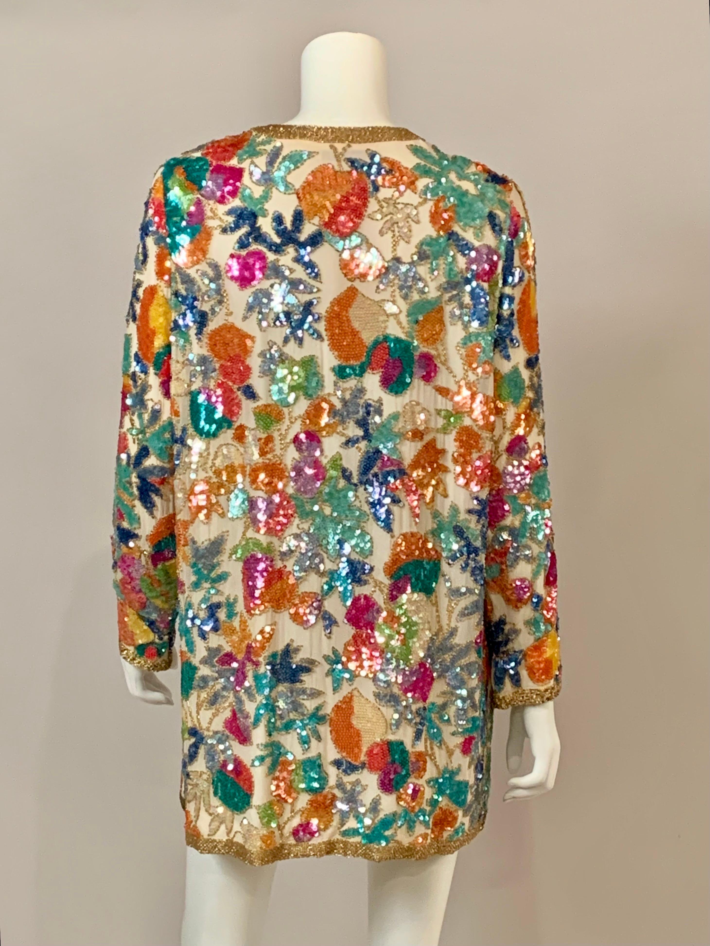 Oleg Cassini Beaded Jacket with a Multi Color Floral Pattern For Sale 1