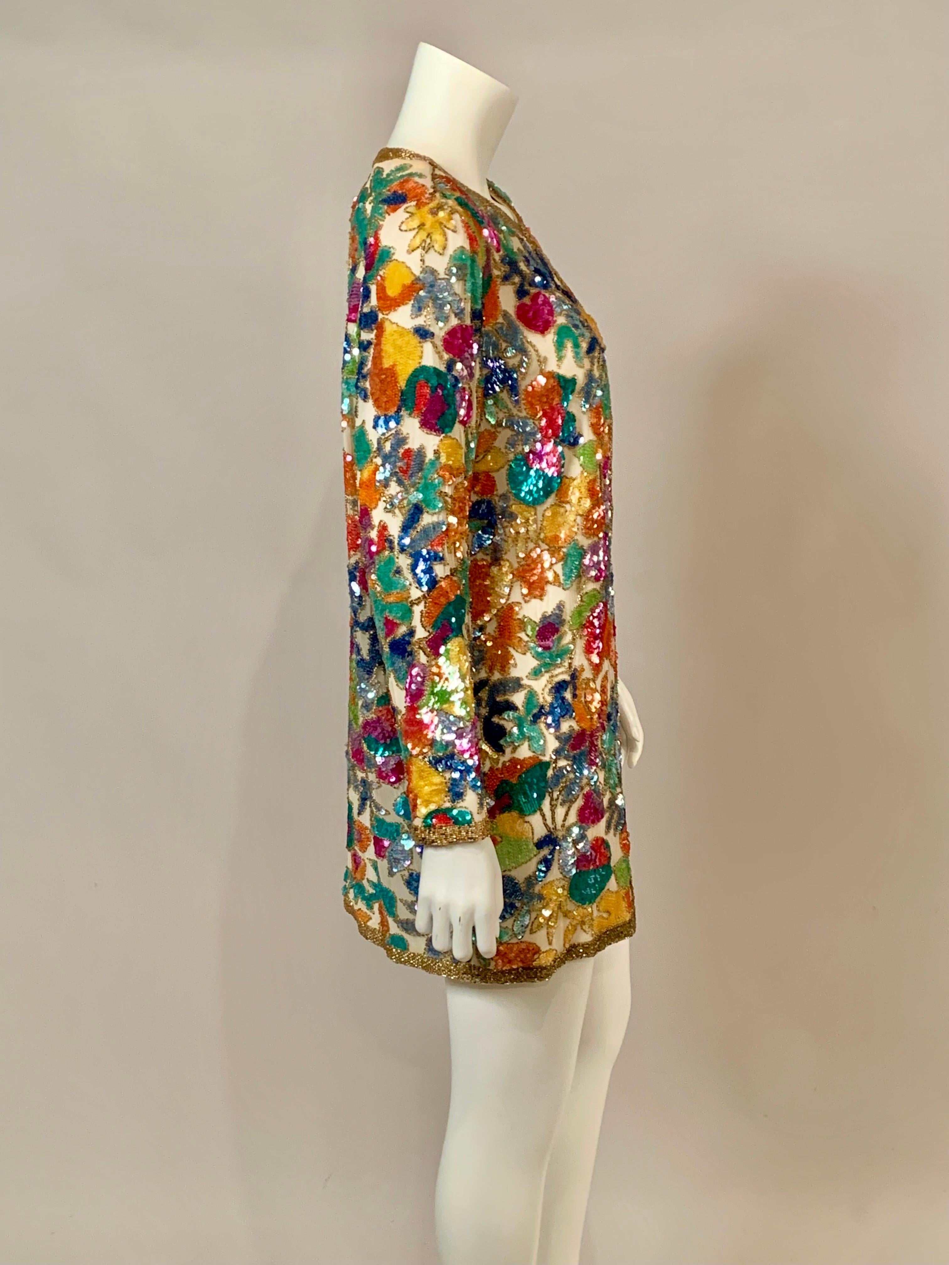 Oleg Cassini Beaded Jacket with a Multi Color Floral Pattern For Sale 2