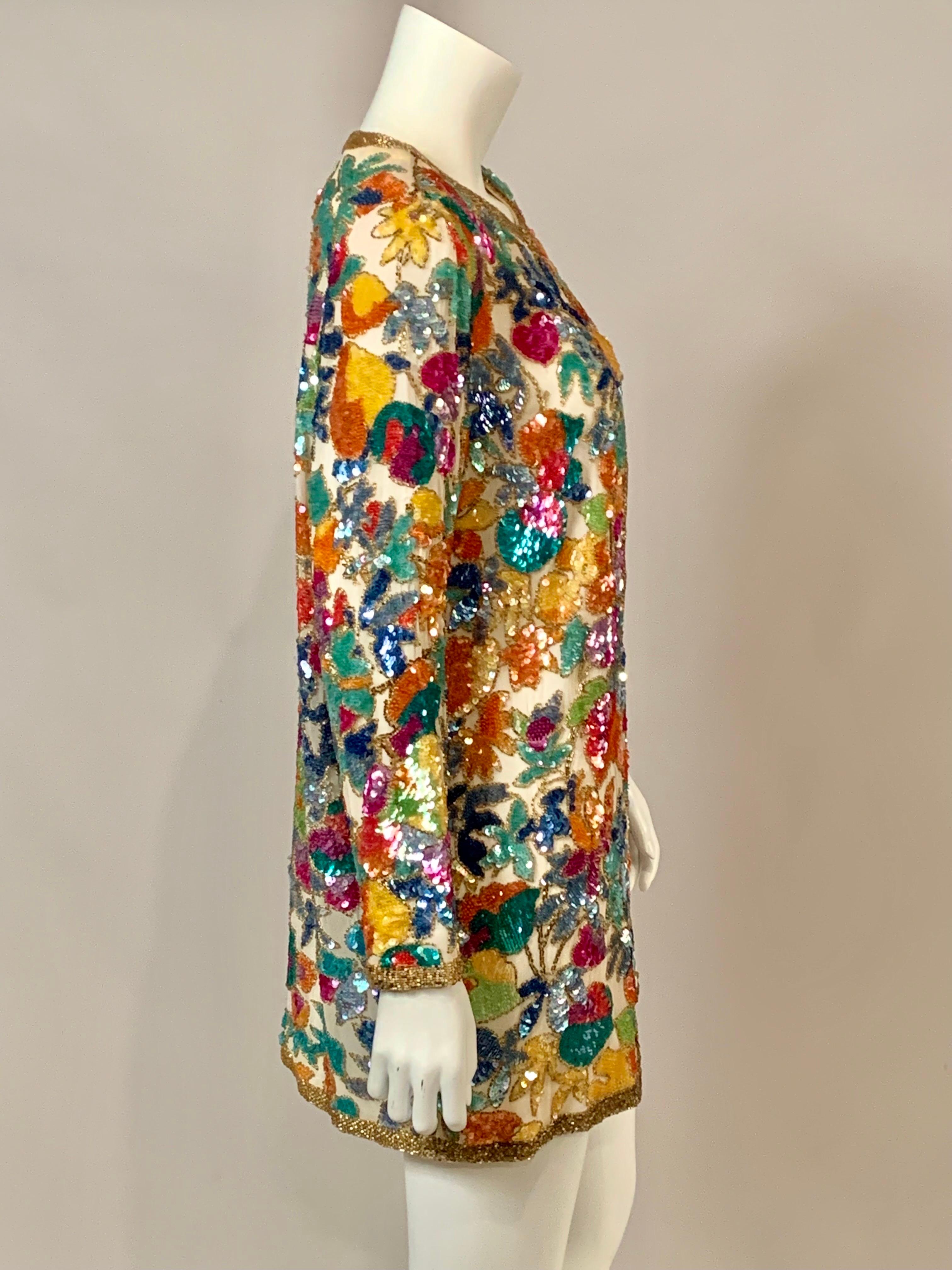 Oleg Cassini Beaded Jacket with a Multi Color Floral Pattern For Sale 3