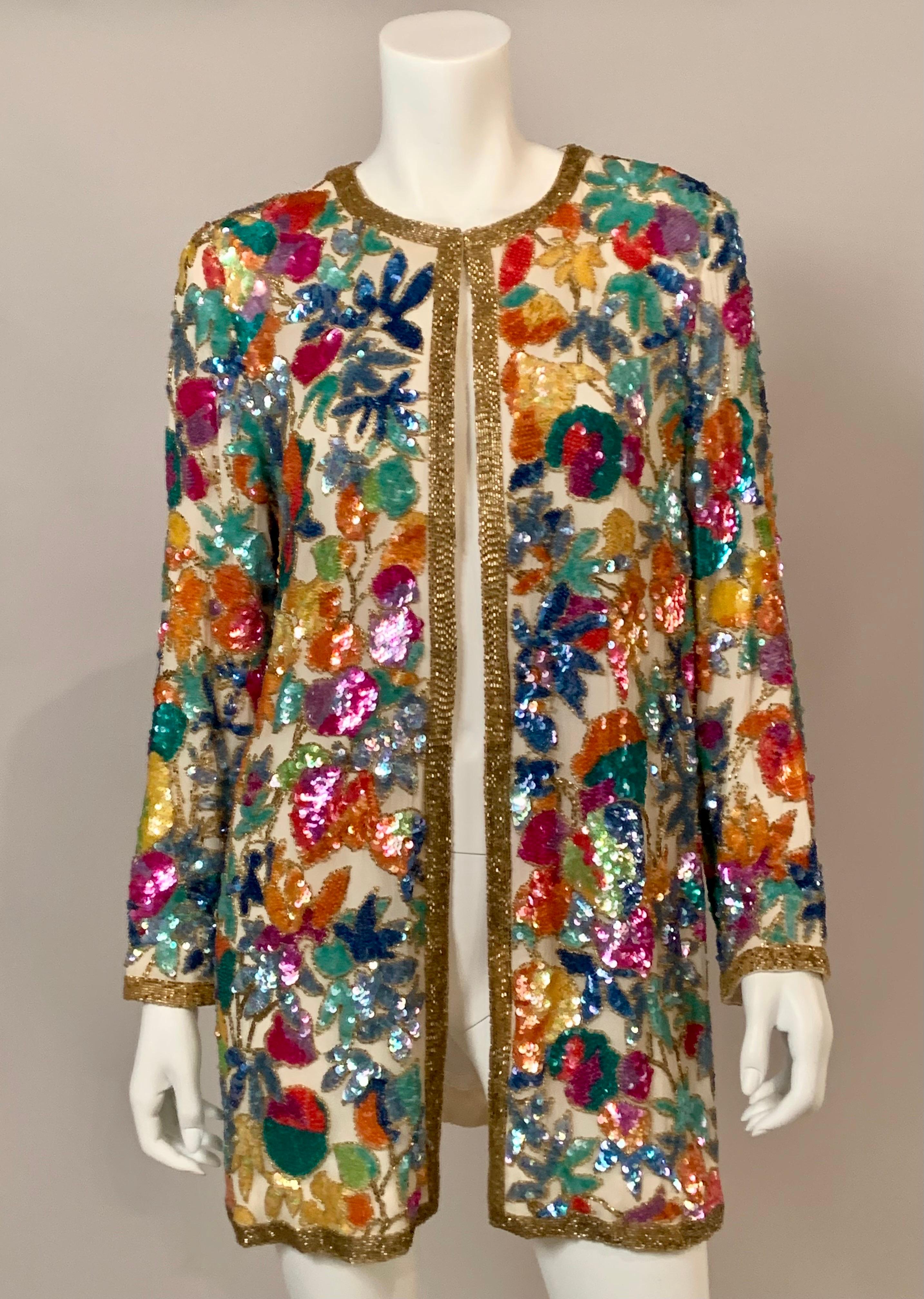 Oleg Cassini Beaded Jacket with a Multi Color Floral Pattern For Sale 4