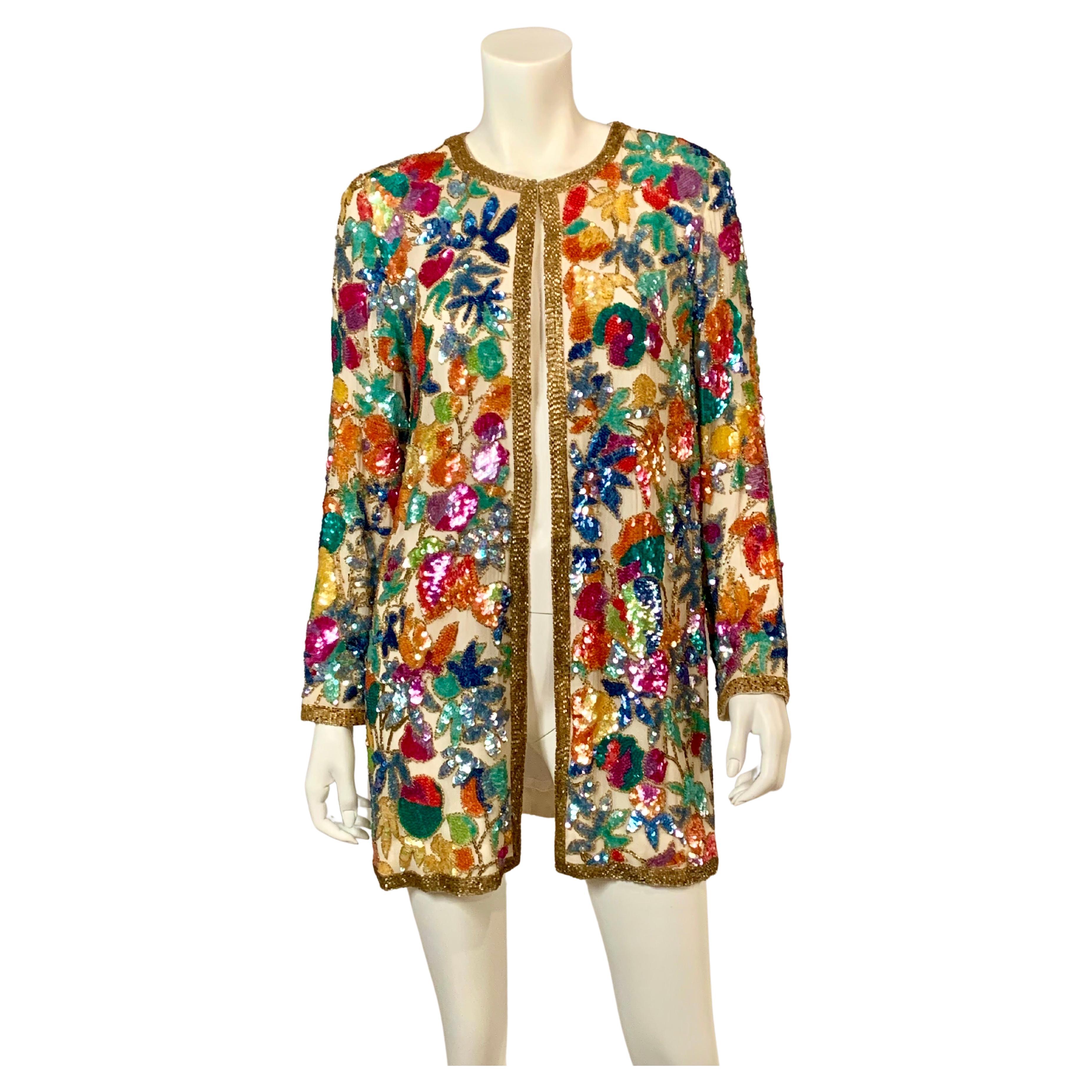 Oleg Cassini Beaded Jacket with a Multi Color Floral Pattern For Sale