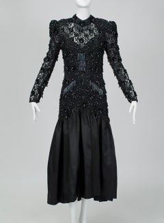 Oleg Cassini Black Heavily Beaded Illusion Power Gown w Trumpet Skirt - S, 1980s