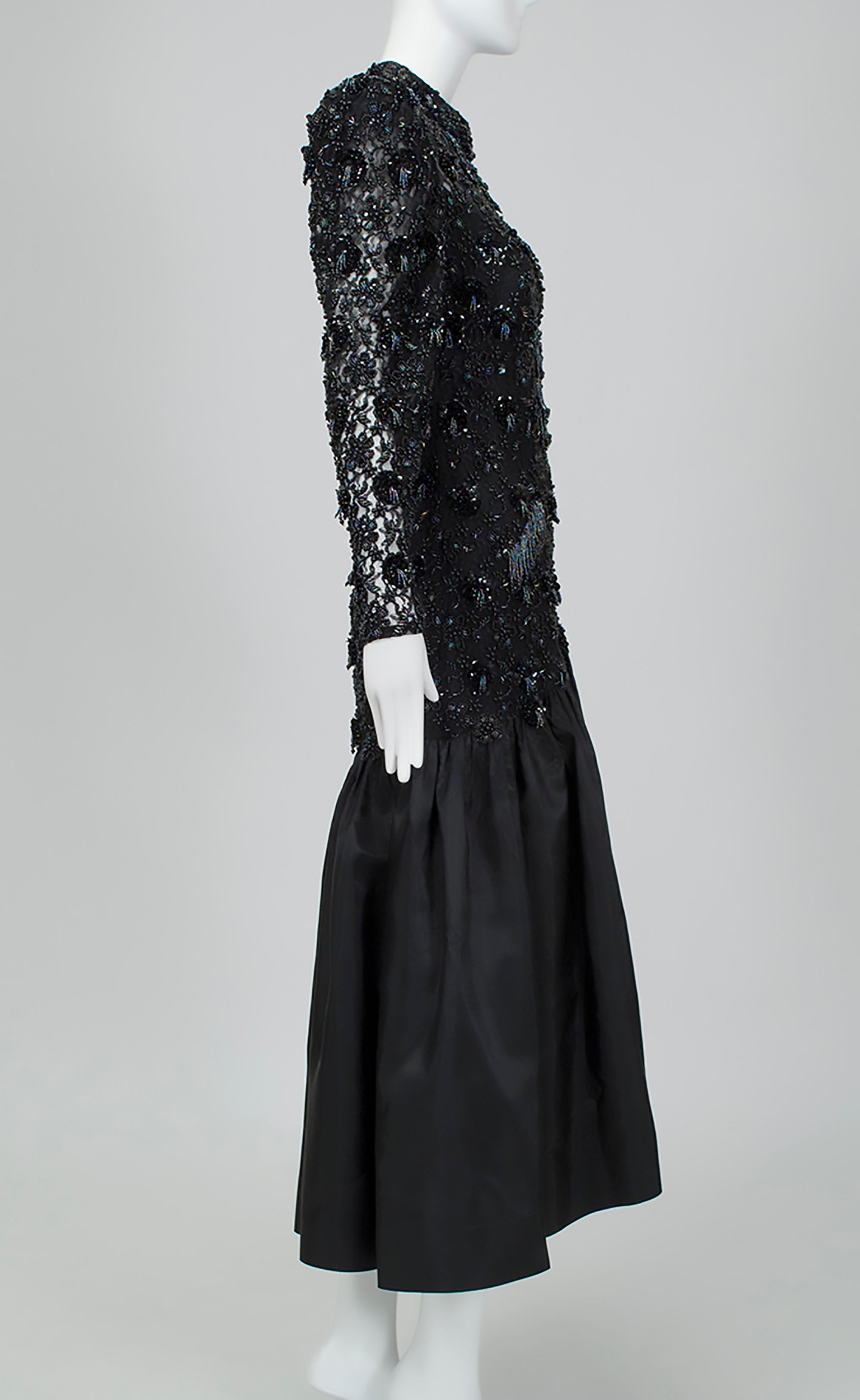 Noir Oleg Cassini - Robe noire glamour perlée à illusion d'illusion avec jupe trompette et jupe trompette, années 1980 en vente