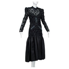 Oleg Cassini Black Heavily Beaded Illusion Power Gown w Trumpet Skirt - S, 1980s