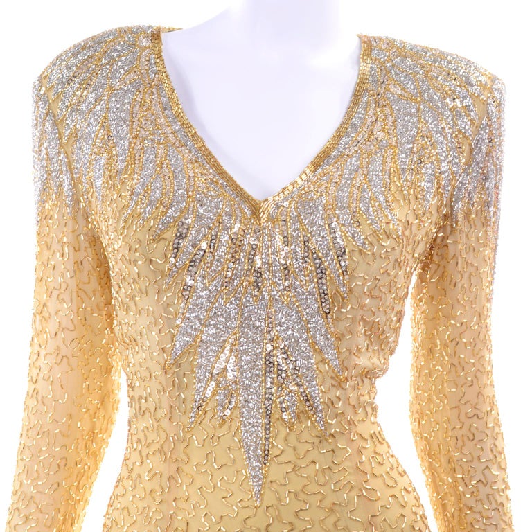 Vintage Black Tie Fully Beaded Gold Evening Dress With Open Back For