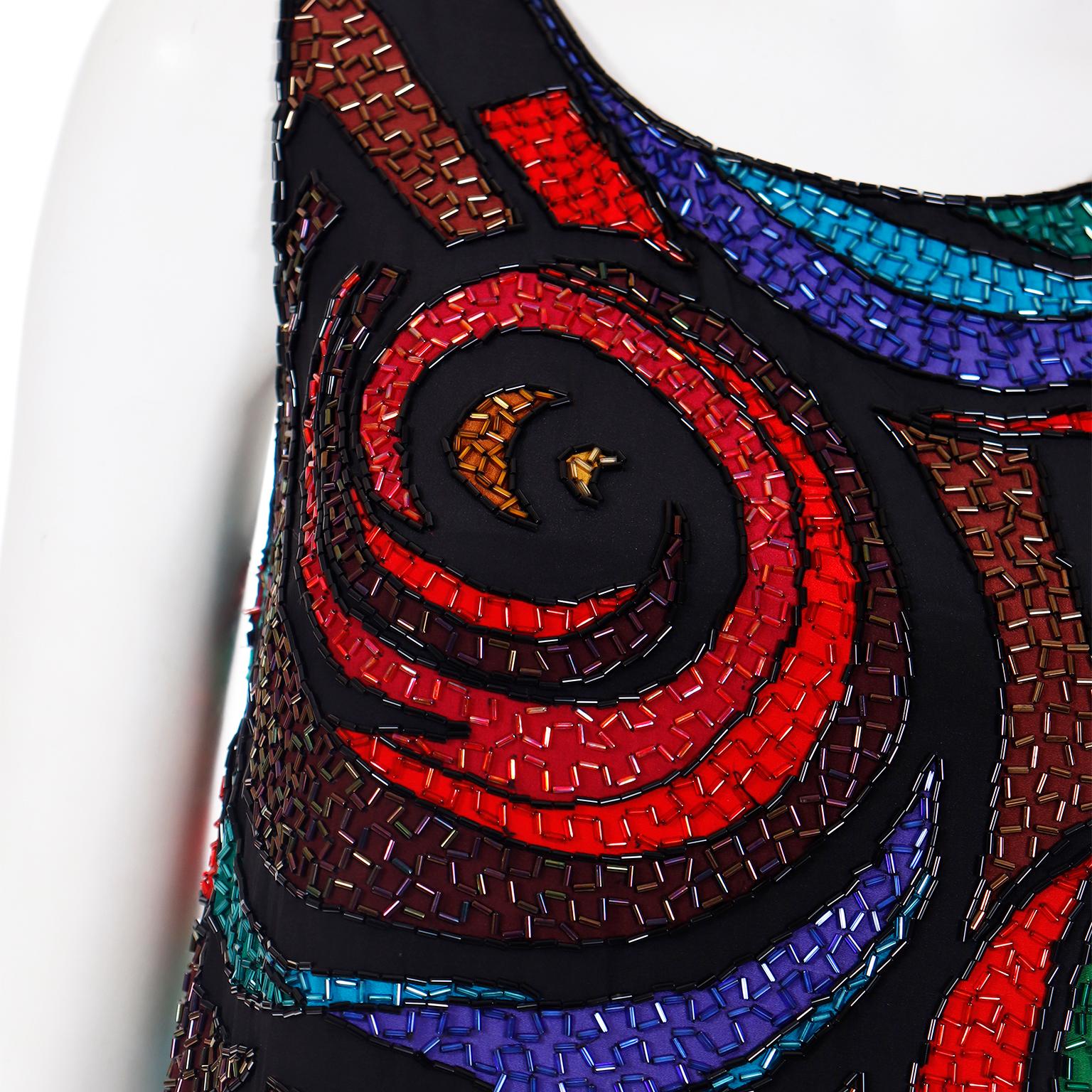 Oleg Cassini Black Tie Multi Colored Beaded Vintage Evening Dress In Good Condition In Portland, OR
