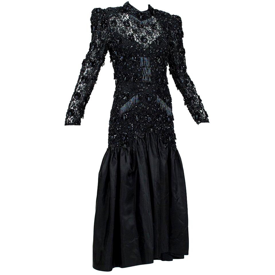 Oleg Cassini Glam Black Beaded Illusion Power Gown with Trumpet Skirt - S, 1980s For Sale