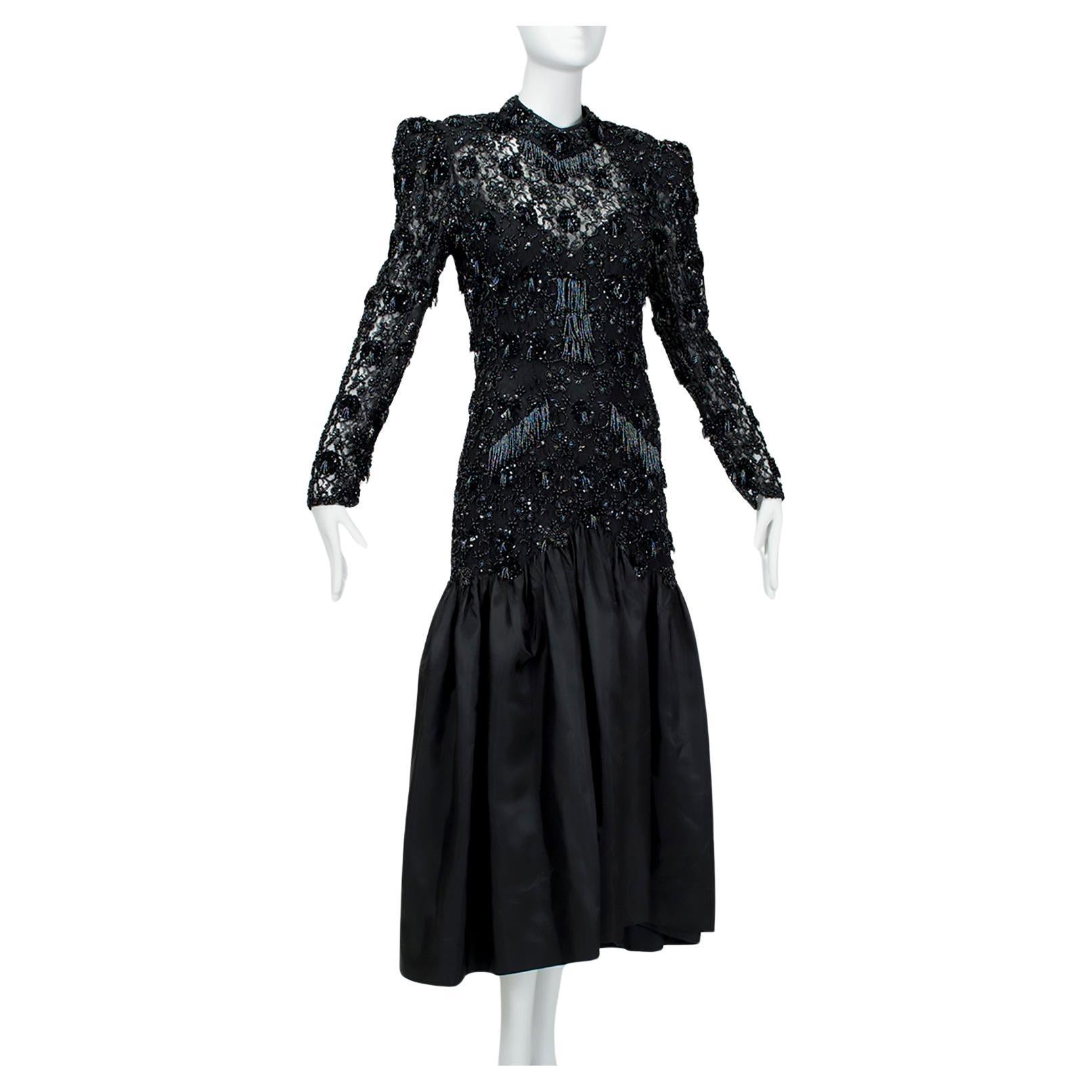Oleg Cassini Glam Black Beaded Illusion Power Gown with Trumpet Skirt - S, 1980s